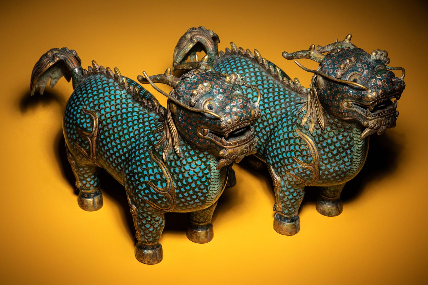 A Pair of Cloisonné Enamel Figures of Qilin