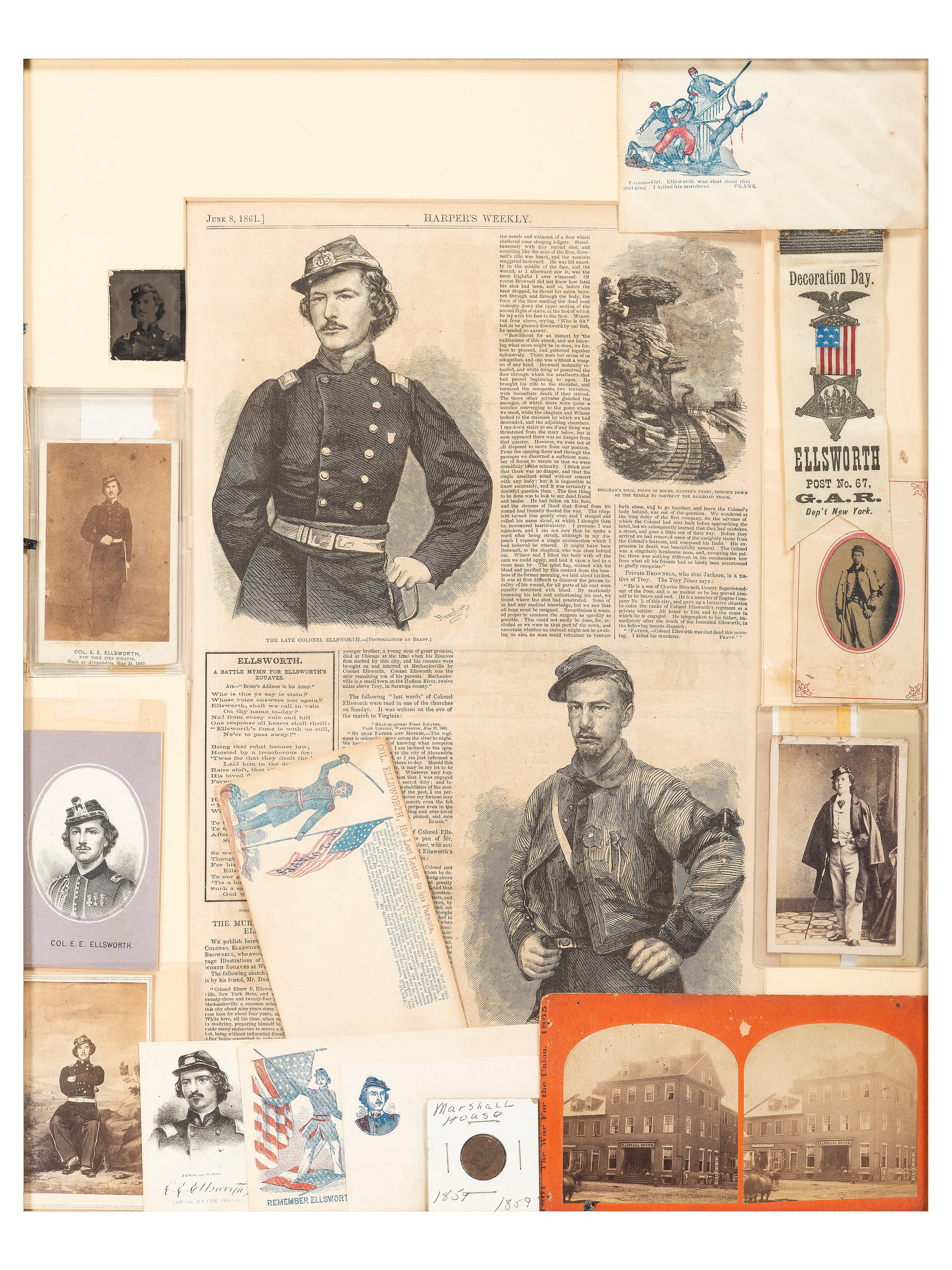 [CIVIL WAR]. A collection of items involving Colonel Elmer Ellsworth and Sergeant Francis Brownell, incl. prints, photographs, and other memorabilia.