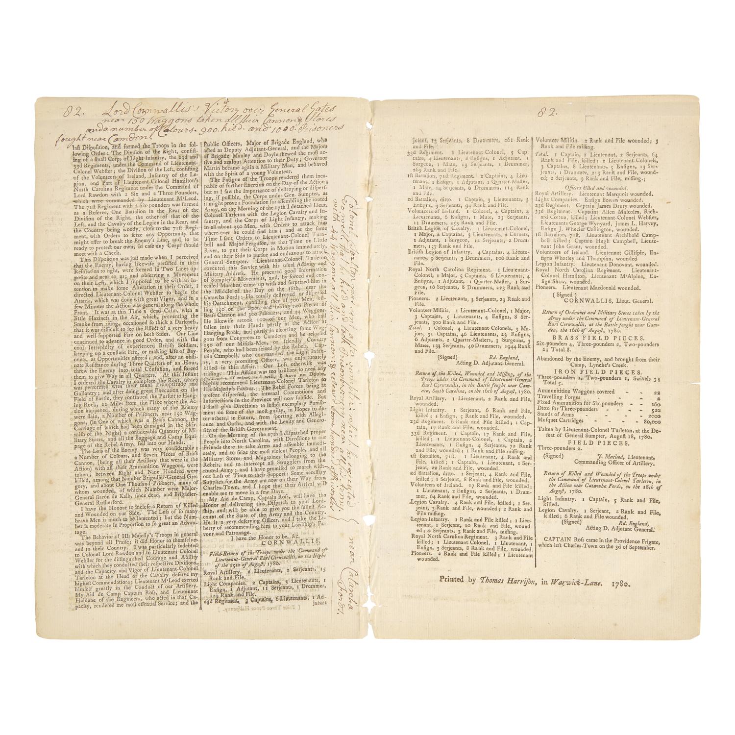 [American Revolution] A Special Issue of the London Gazette, Printing News of British General Cornwallis's Victory Over General Horatio Gates at Camden, South Carolina