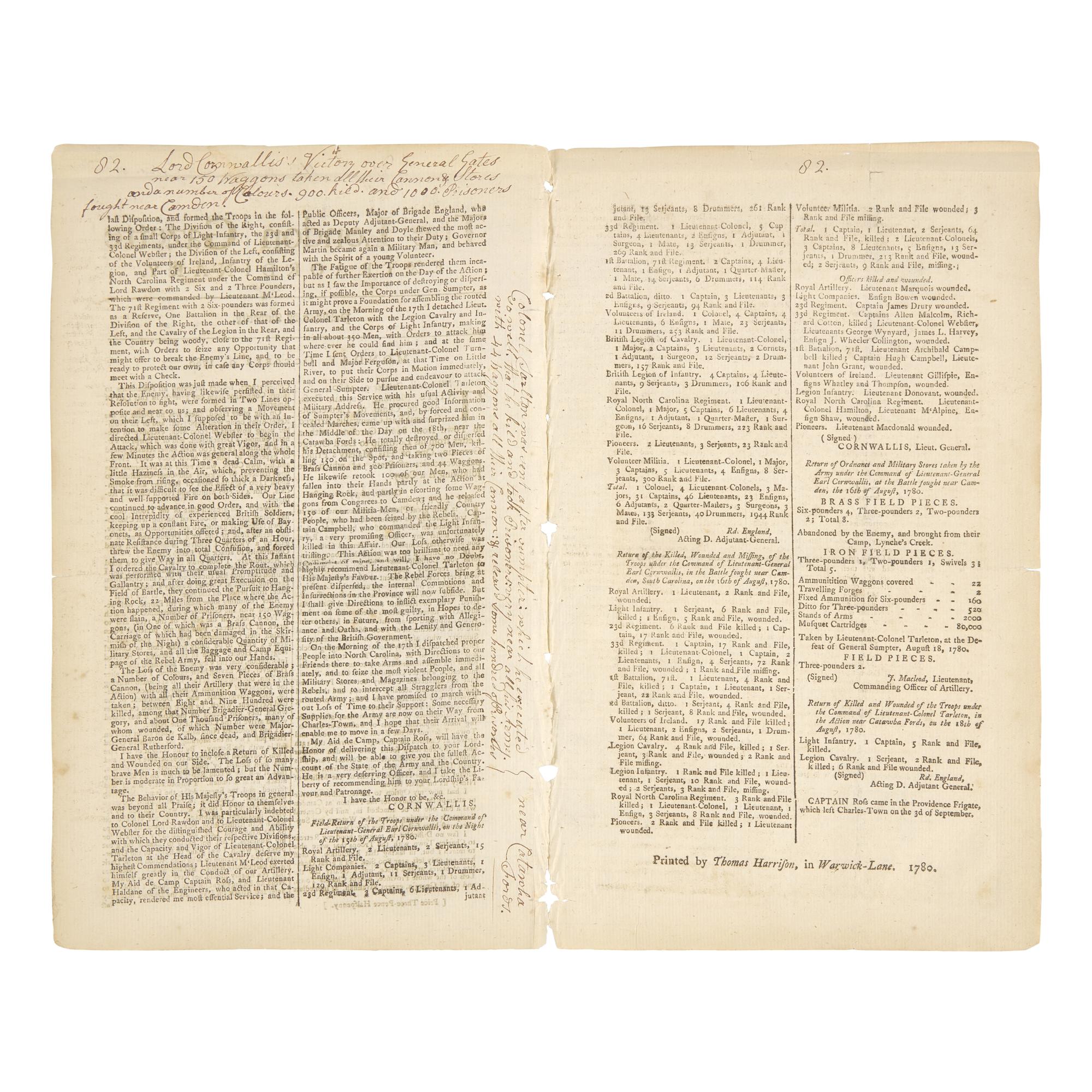 [American Revolution] A Special Issue of the London Gazette, Printing News of British General Cornwallis's Victory Over General Horatio Gates at Camden, South Carolina