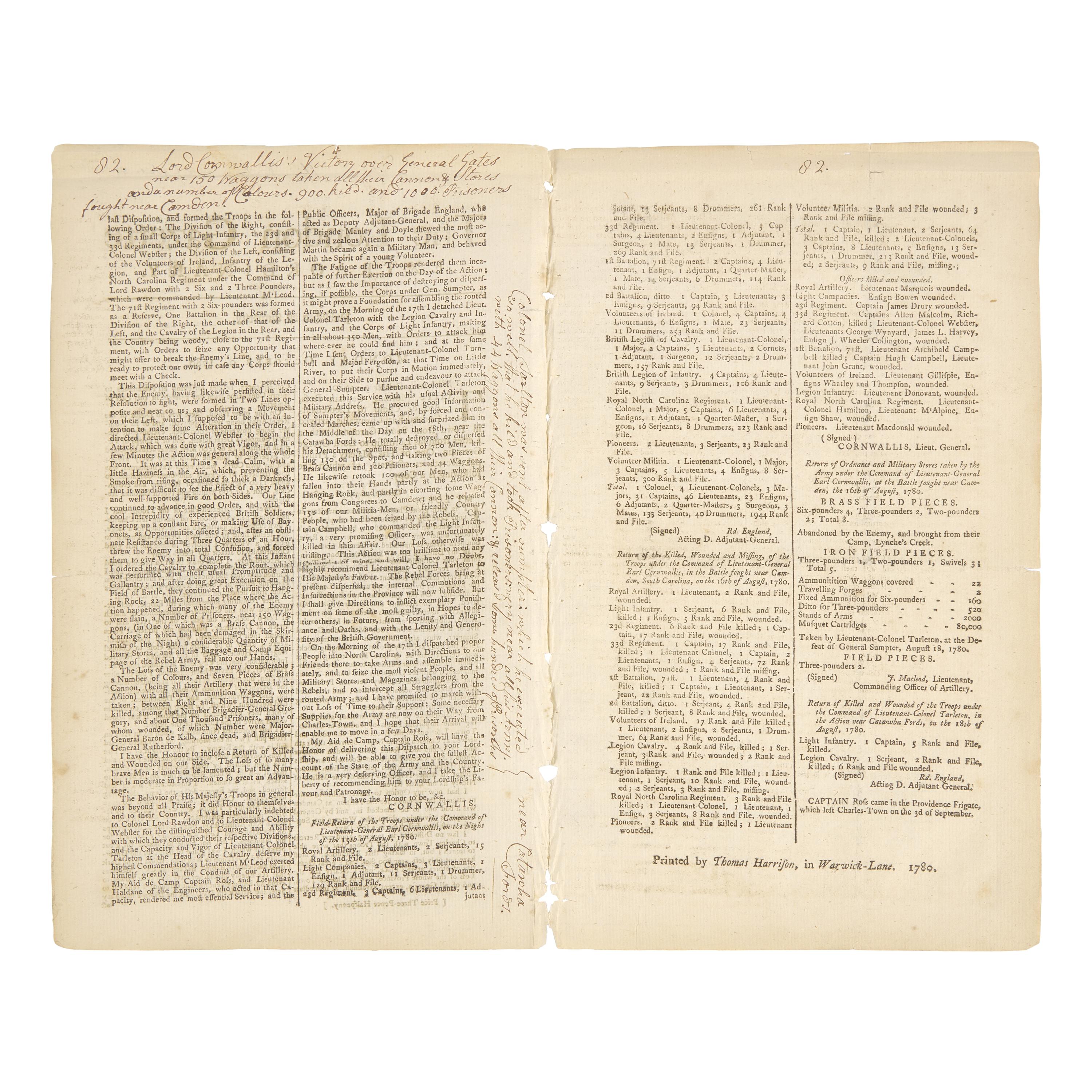 [American Revolution] A Special Issue of the London Gazette, Printing News of British General Cornwallis's Victory Over General Horatio Gates at Camden, South Carolina