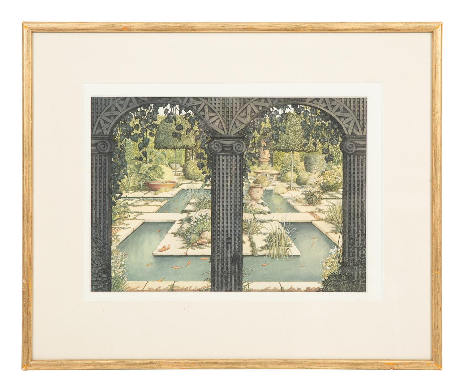 Three Printed Illustrations of interiors; An English Garden; Bouquet of Flowers in a Red-Figured Vase (five works)