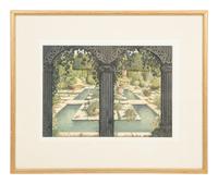 Three Printed Illustrations of interiors; An English Garden; Bouquet of Flowers in a Red-Figured Vase (five works)