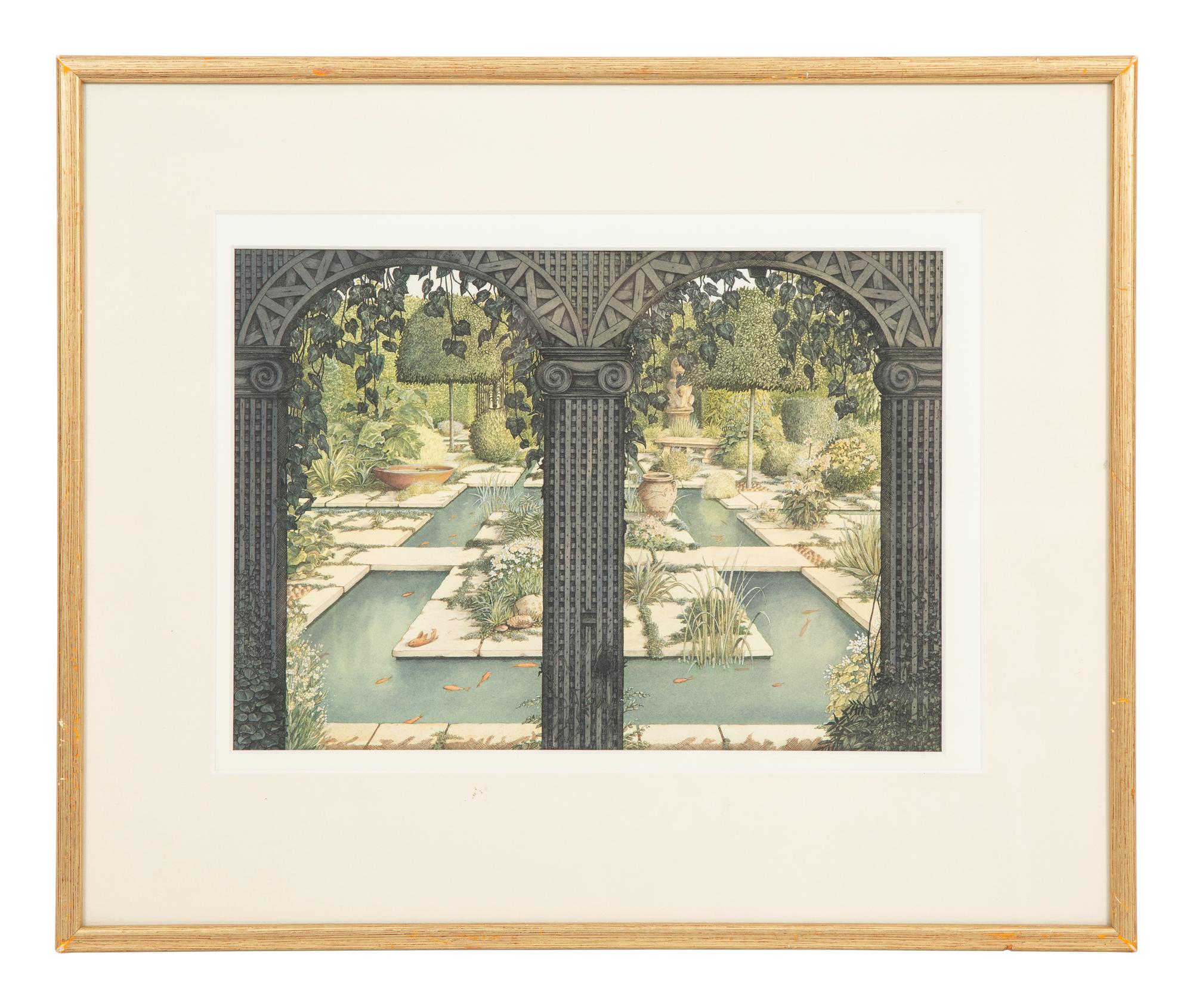 Three Printed Illustrations of interiors; An English Garden; Bouquet of Flowers in a Red-Figured Vase (five works)