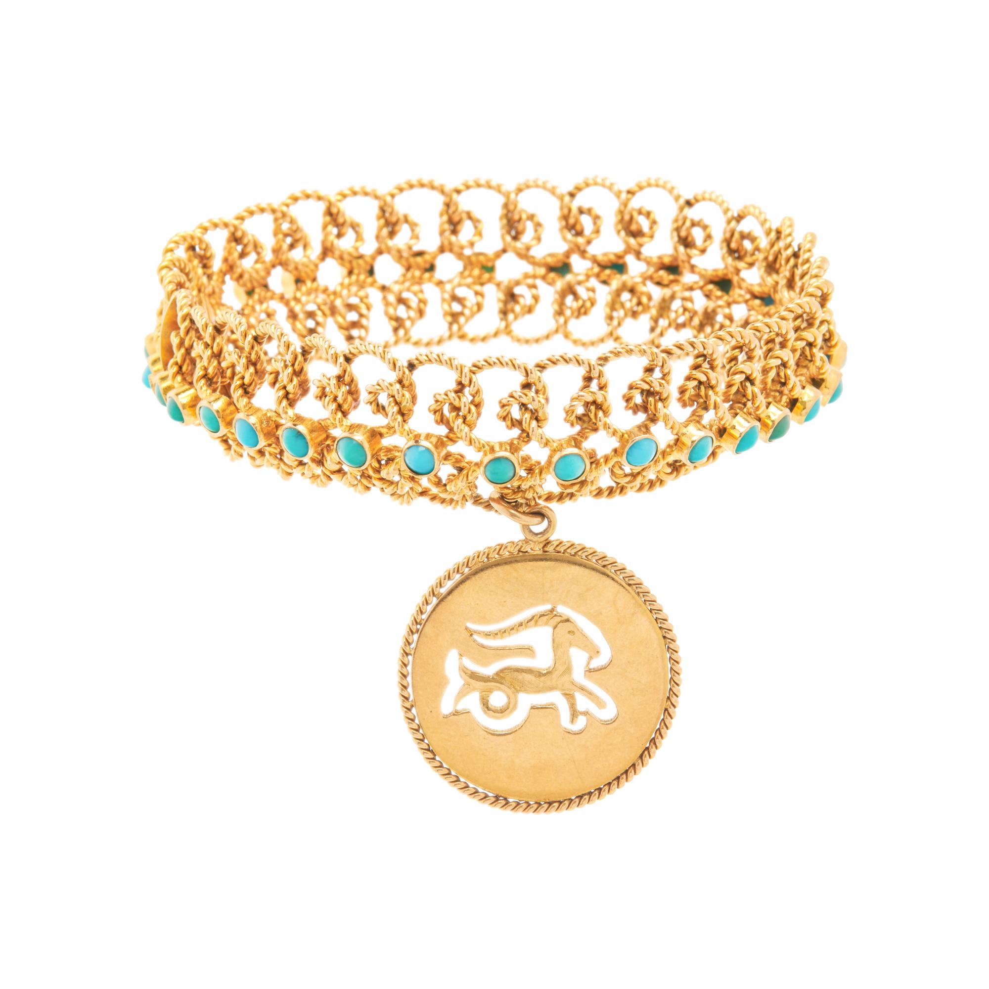 YELLOW GOLD AND TURQUOISE BRACELET WITH CAPRICORN CHARM