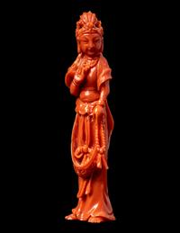 A Small Chinese Red Coral Figure of Guanyin