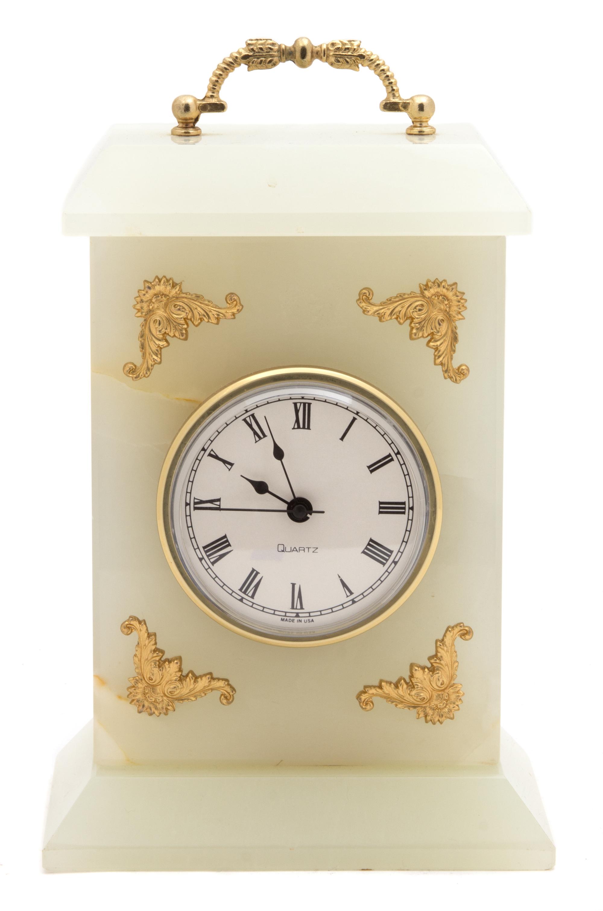 An Alabaster Gilt Bronze Mounted Bracket Clock Height 9 1/2 inches. — 20TH CENTURY