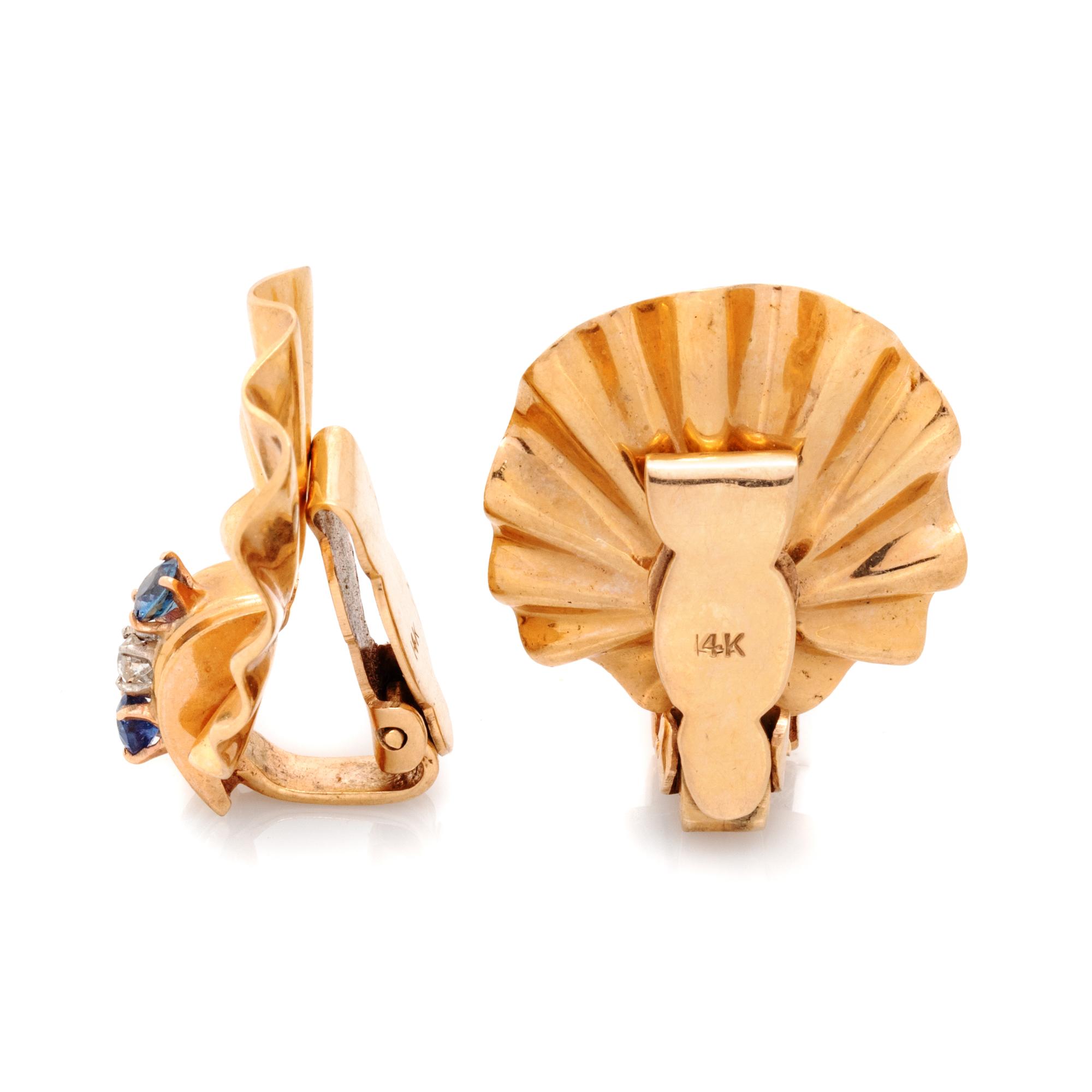 RETRO, YELLOW GOLD, SAPPHIRE AND DIAMOND EARCLIPS