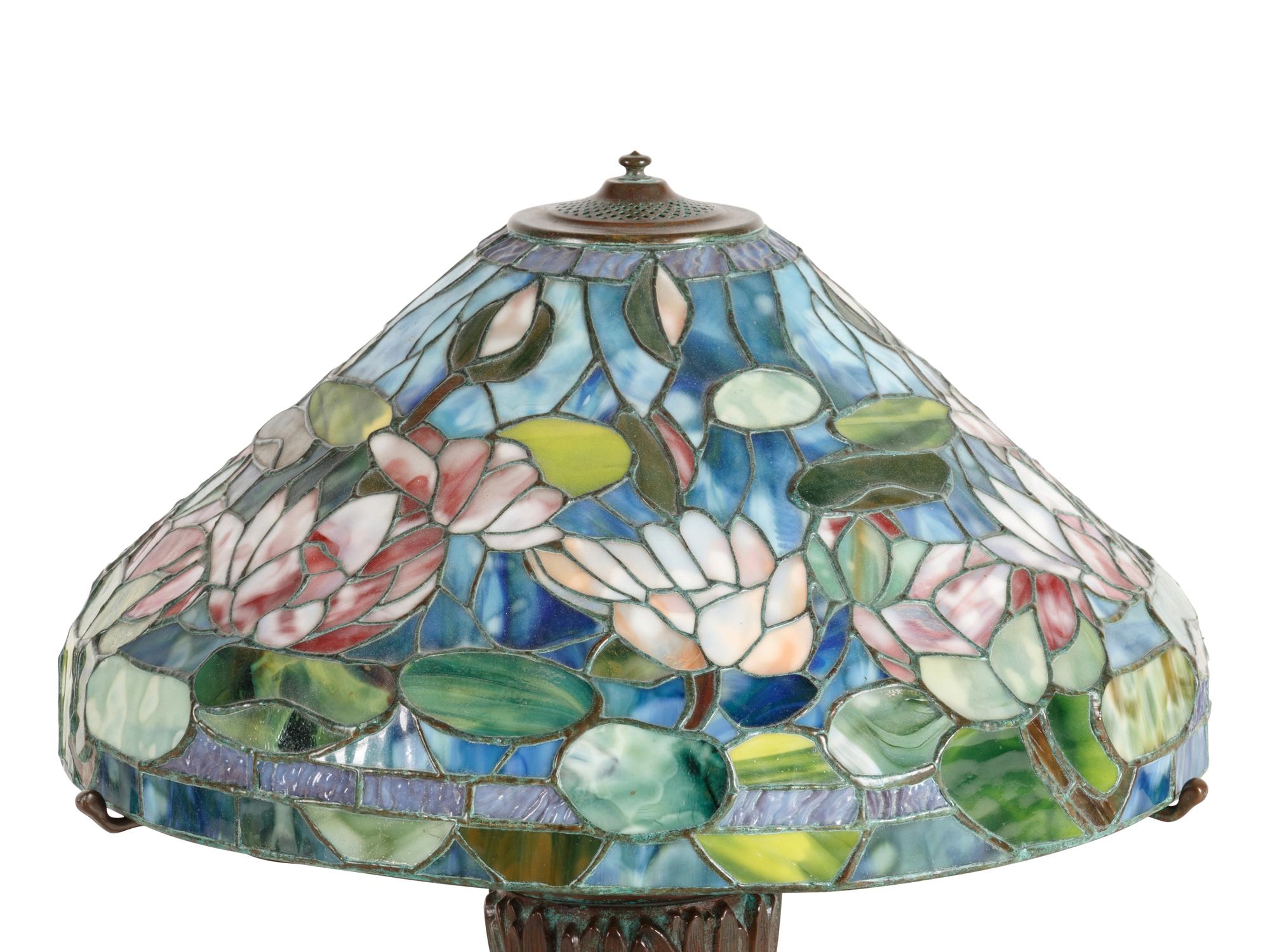 A Leaded Glass and Bronze "Water Lily" Table Lamp