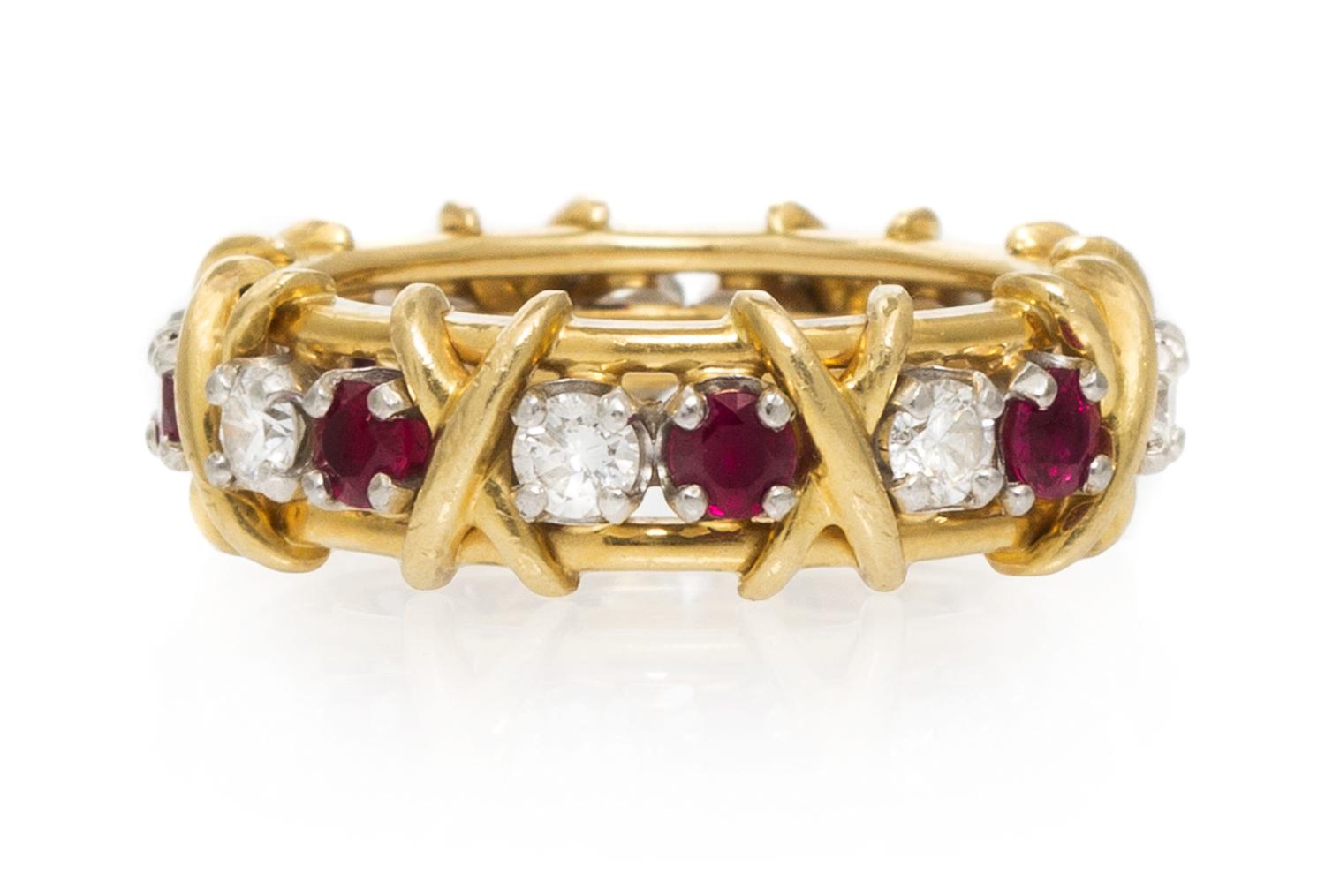 A Platinum, 18 Karat Yellow Gold, Diamond and Ruby Band, Schlumberger for Tiffany & Co., 5.00 dwts.