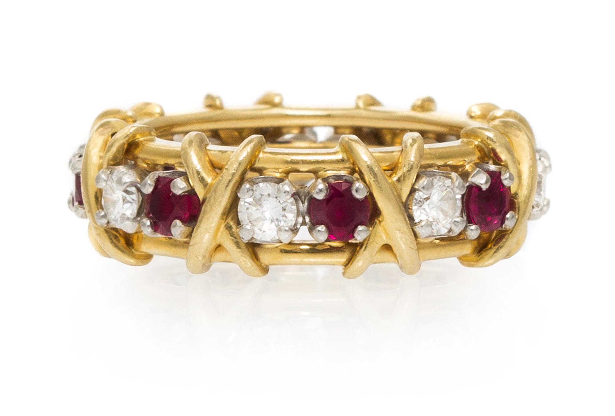 A Platinum, 18 Karat Yellow Gold, Diamond and Ruby Band, Schlumberger for Tiffany & Co., 5.00 dwts.