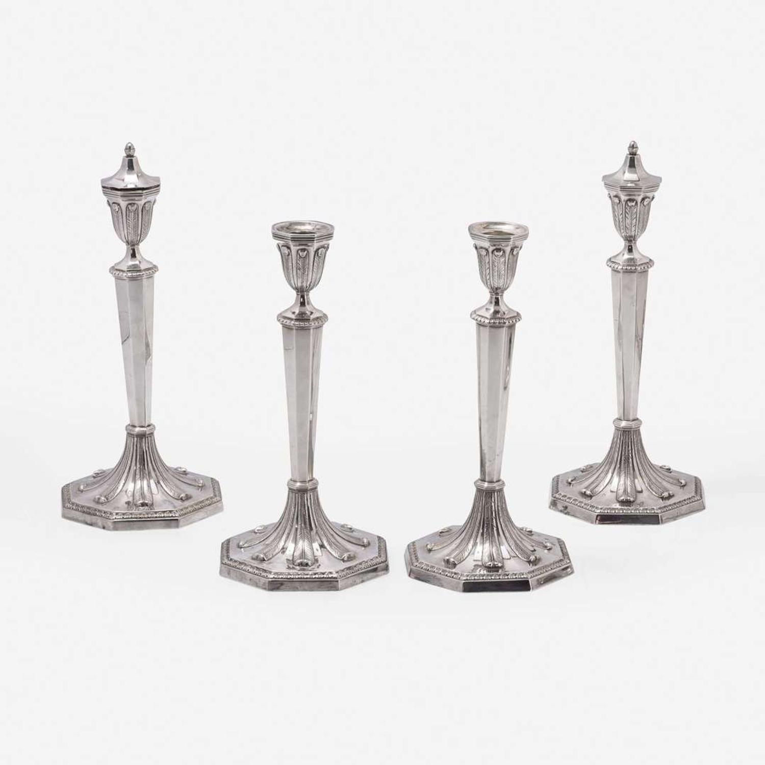 A Set of Four American Sterling Silver Three-Light Candelabra Tiffany & Co., New York, first half 20th century