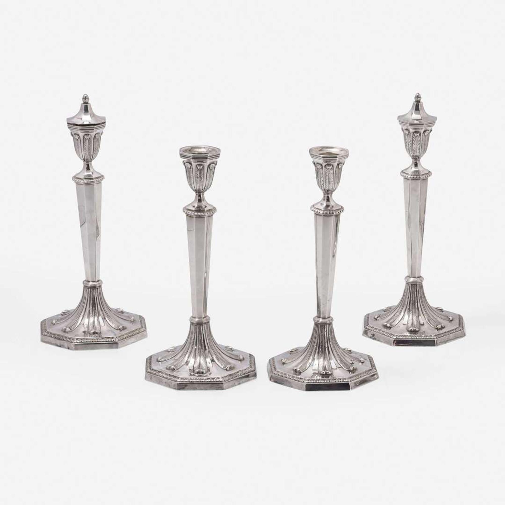 A Set of Four American Sterling Silver Three-Light Candelabra Tiffany & Co., New York, first half 20th century