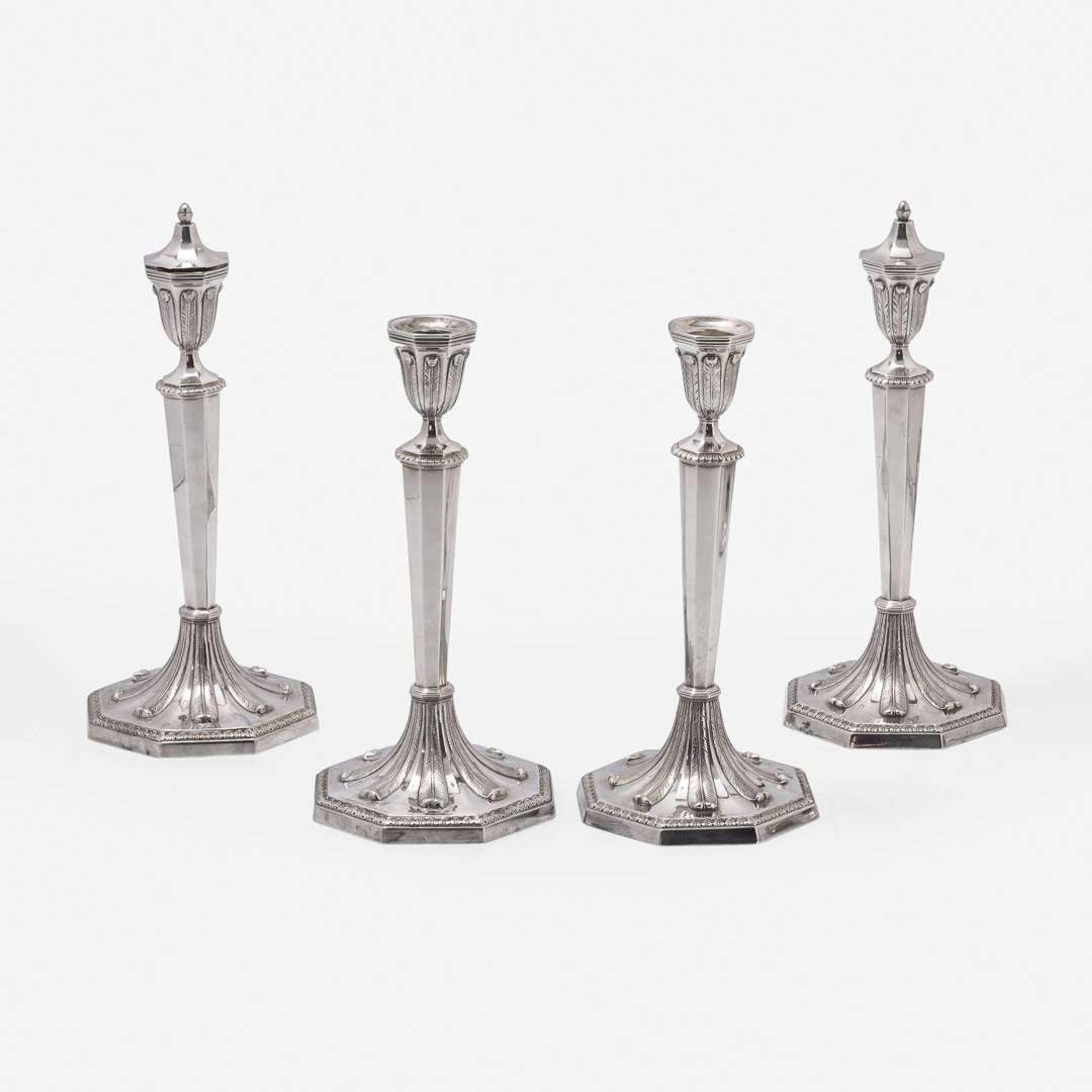A Set of Four American Sterling Silver Three-Light Candelabra Tiffany & Co., New York, first half 20th century