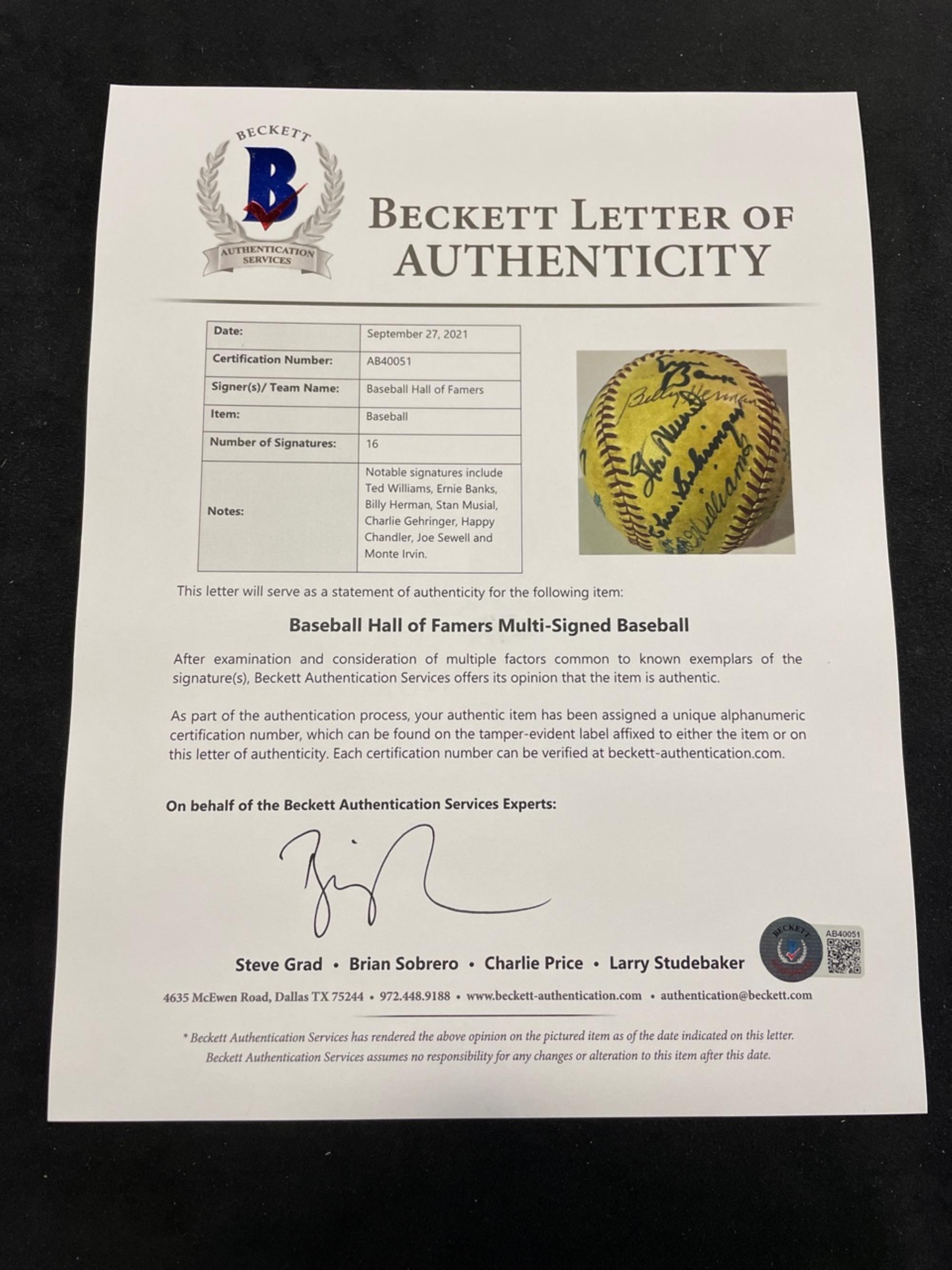 A Multi Signed Baseball Comprised of 16 Deceased Hall of Famers Including Ted Williams, (BAS Beckett Authentication Services Certified),