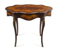 A Continental Marquetry, Mother-of-Pearl Inlaid and Gilt Metal Mounted Center Table, Height 29 1/4 x width 36 x depth 24 inches.