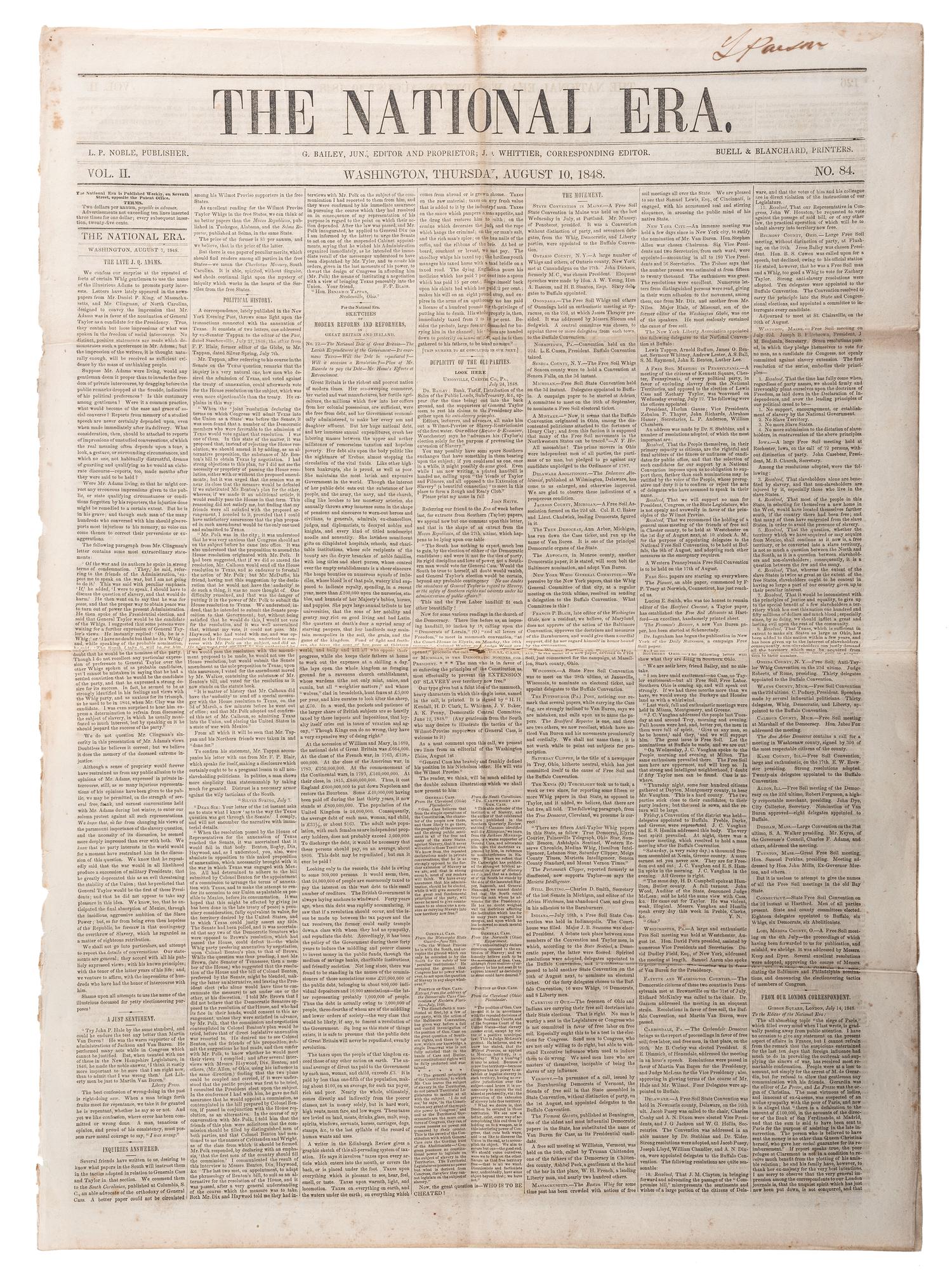[SLAVERY & ABOLITION]. A group of 4 issues of the anti-slavery paper, The National Era . Washington, DC: American and Foreign Anti-Slavery Society, 1848.