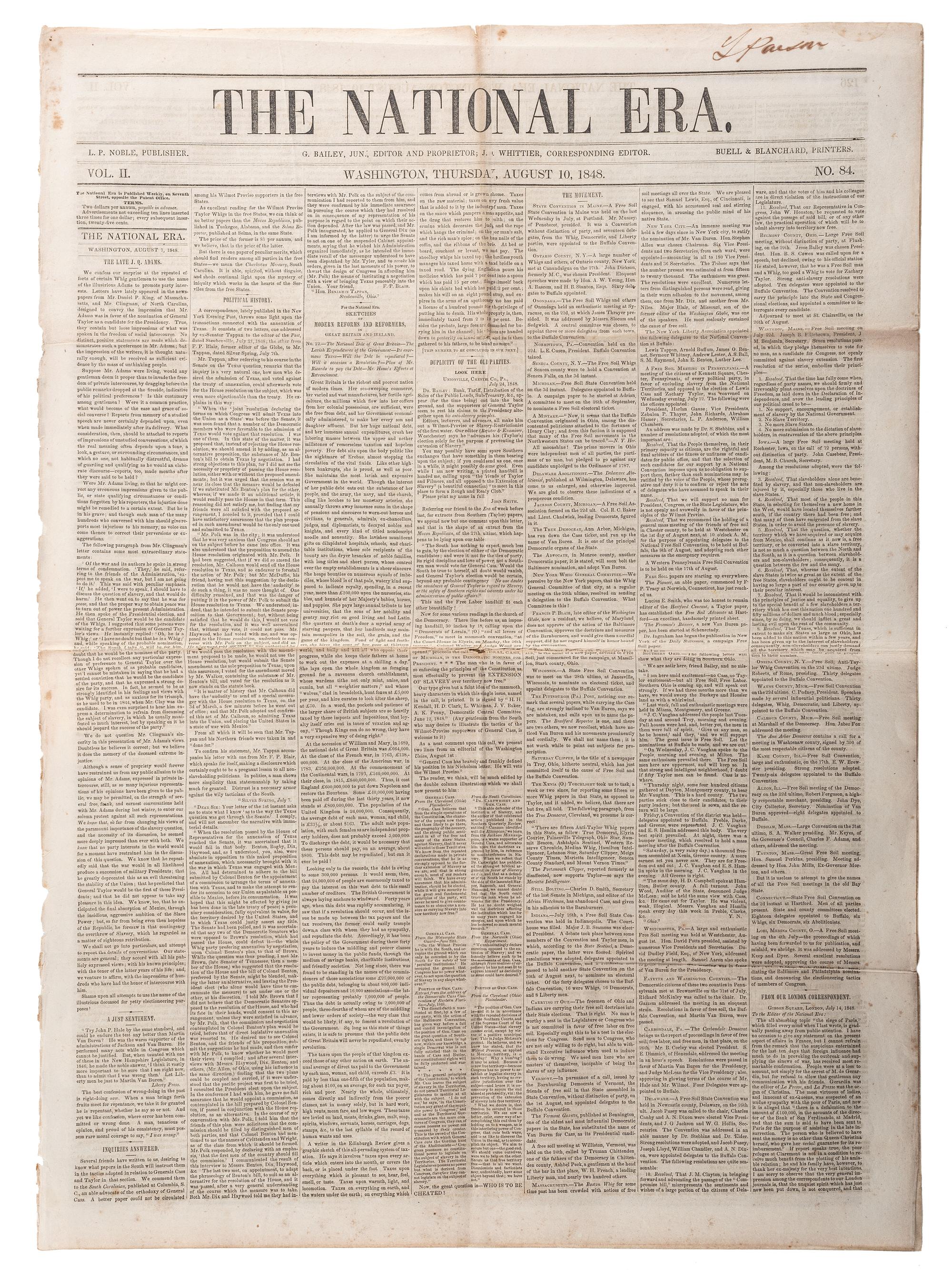 [SLAVERY & ABOLITION]. A group of 4 issues of the anti-slavery paper, The National Era . Washington, DC: American and Foreign Anti-Slavery Society, 1848.