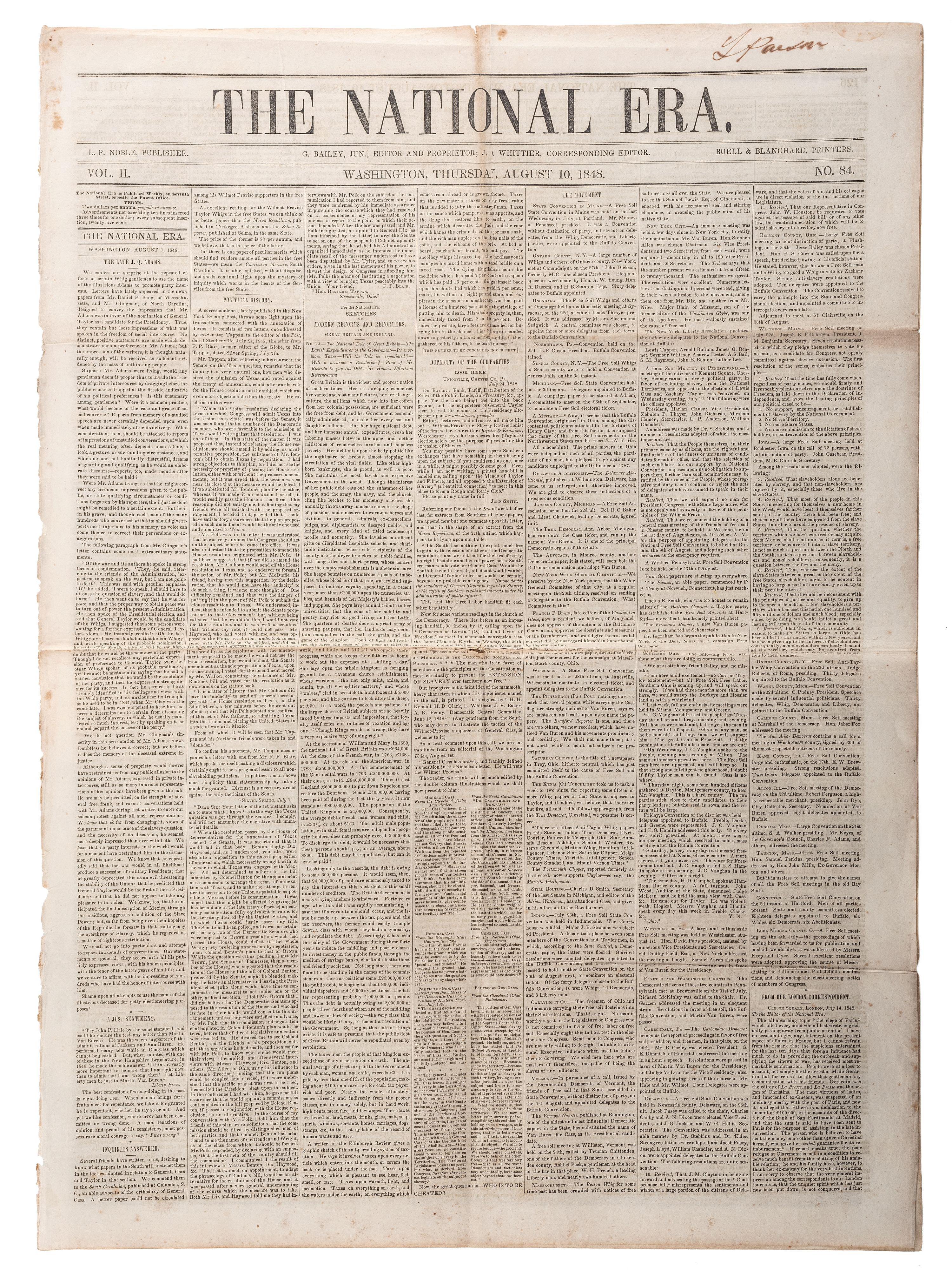 [SLAVERY & ABOLITION]. A group of 4 issues of the anti-slavery paper, The National Era . Washington, DC: American and Foreign Anti-Slavery Society, 1848.