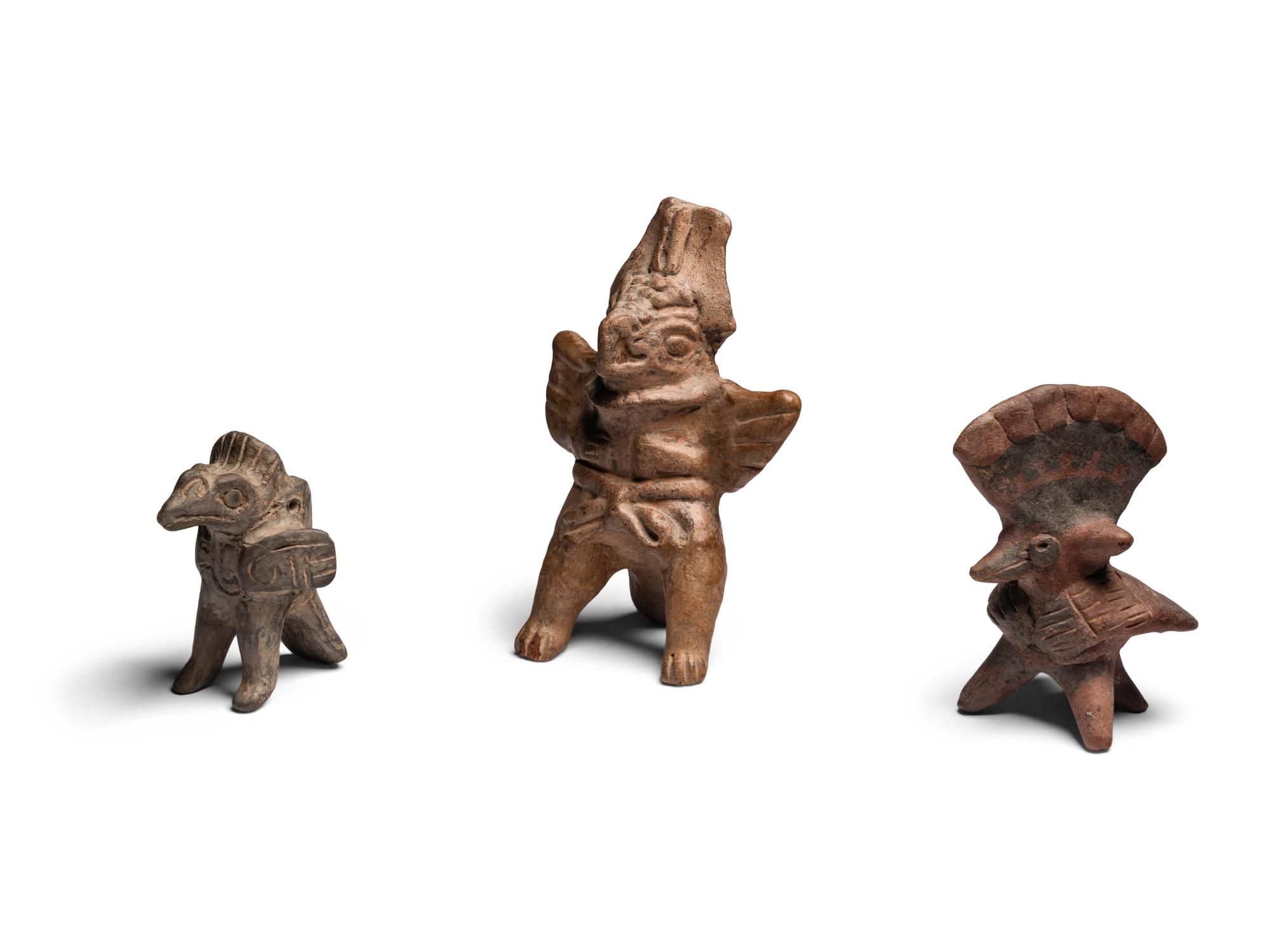 Four Colima Bird Figures and One Veracruz Anthropomorphic Whistle