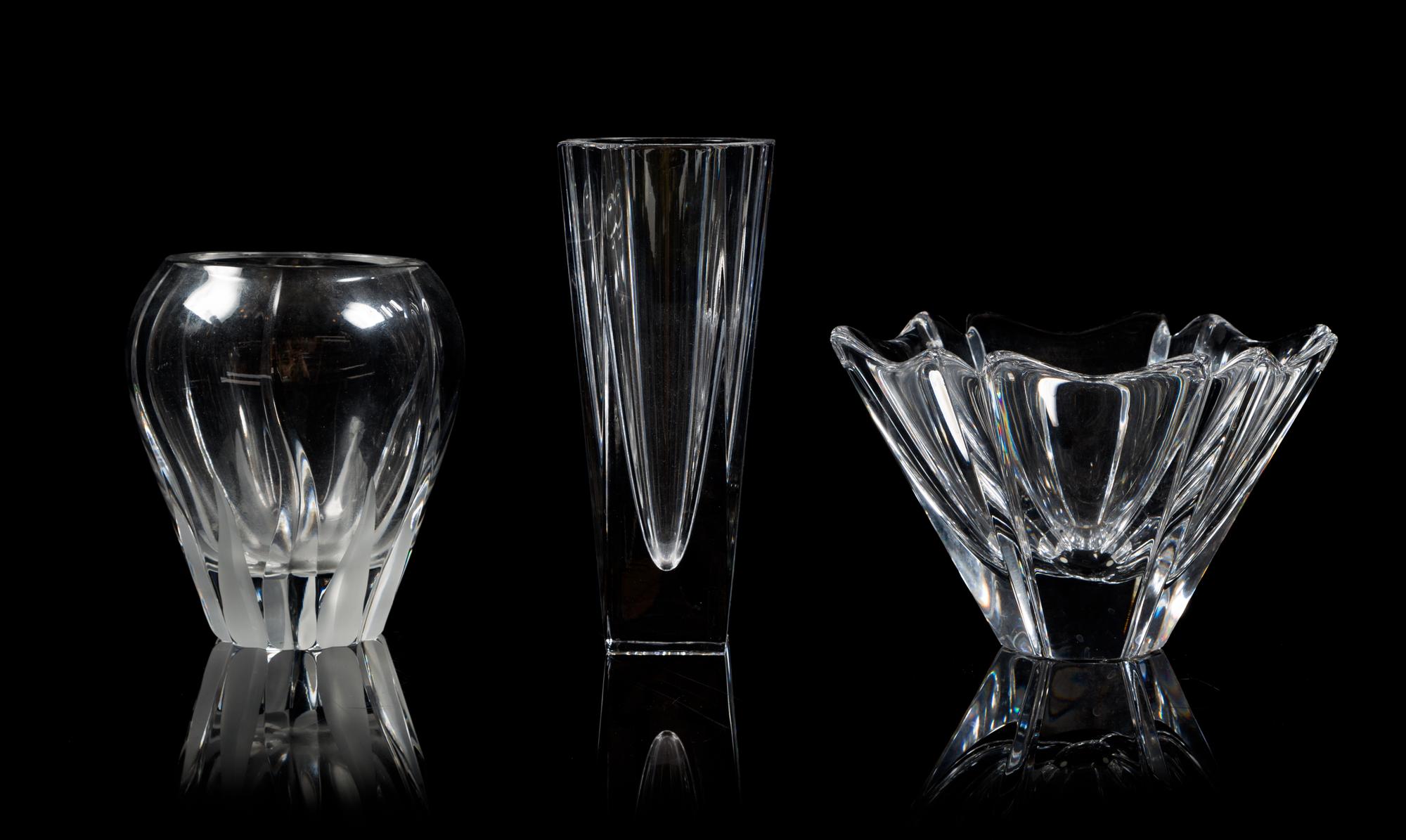 Orrefors, two glass vases, together with an unmarked glass vase