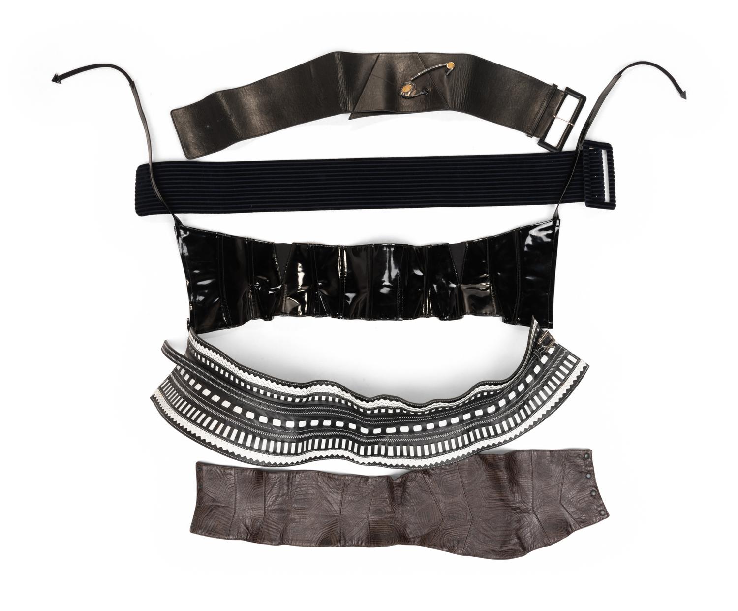 Five Designer Belts: One Ferré, One Mugler, Two Lagerfeld, and One Galanos, 1970-90s