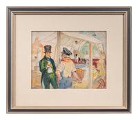 Man in Green Suit and Top Hat Buying Fruit From Vendor