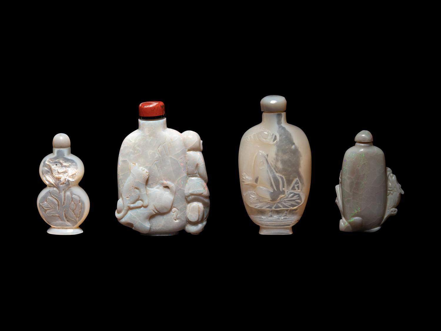 Four Carved Opal and Mother-of-Pearl Snuff Bottles