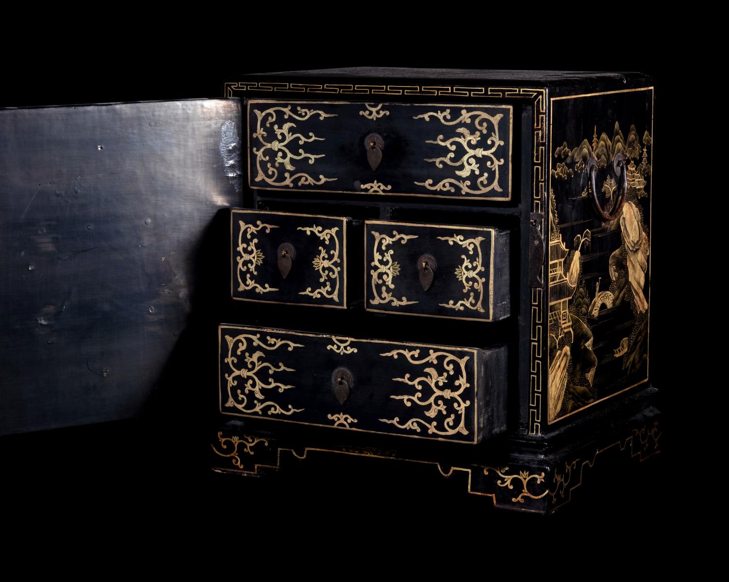 A Chinese Gilt Decorated Black Lacquered Kang Cabinet