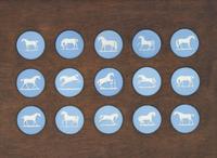 A Set of Fifteen Wedgwood George Stubbs Solid Blue Jasperware Horse Studies Medallions, UK, late 19th century