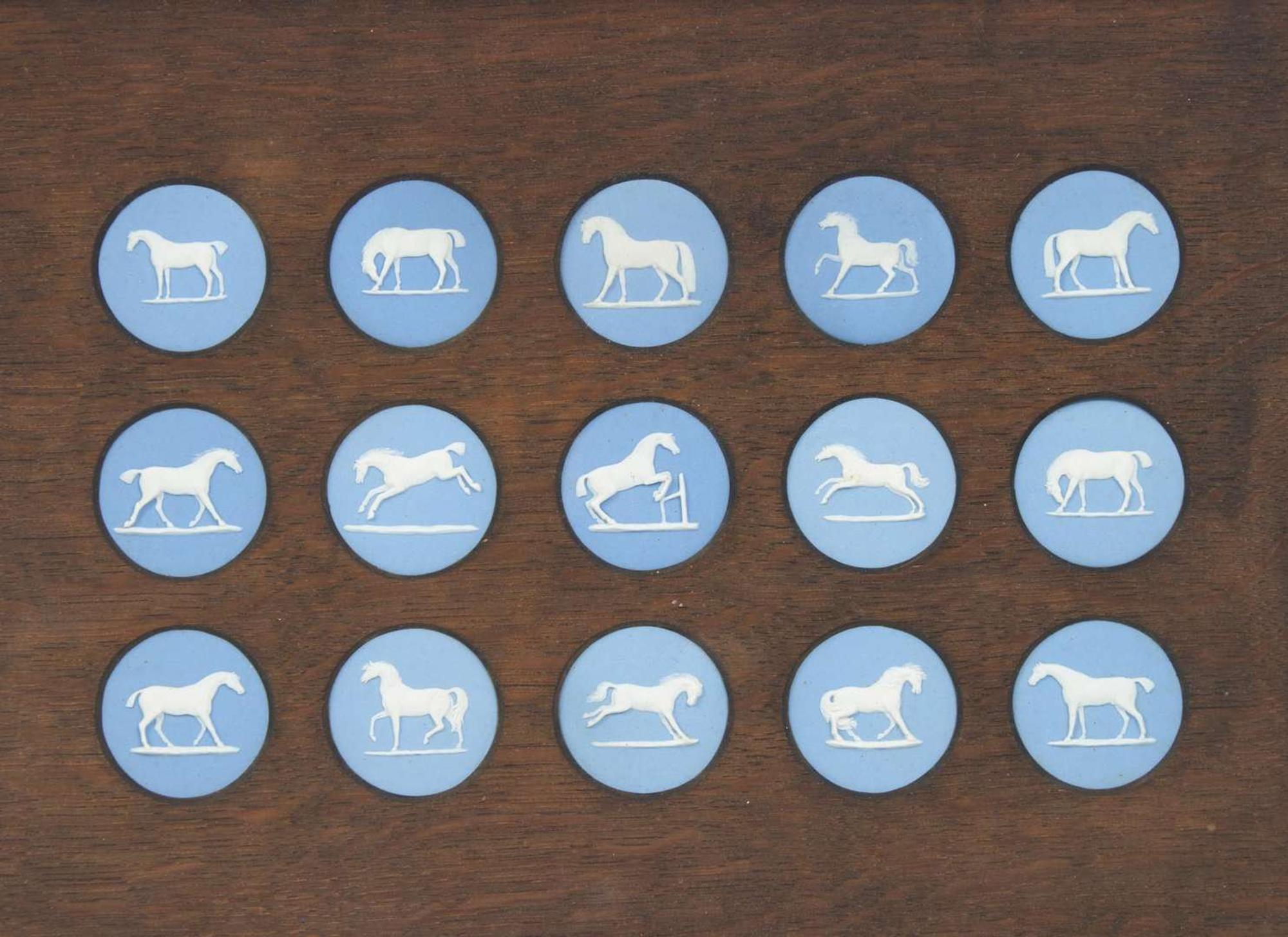 A Set of Fifteen Wedgwood George Stubbs Solid Blue Jasperware Horse Studies Medallions, UK, late 19th century