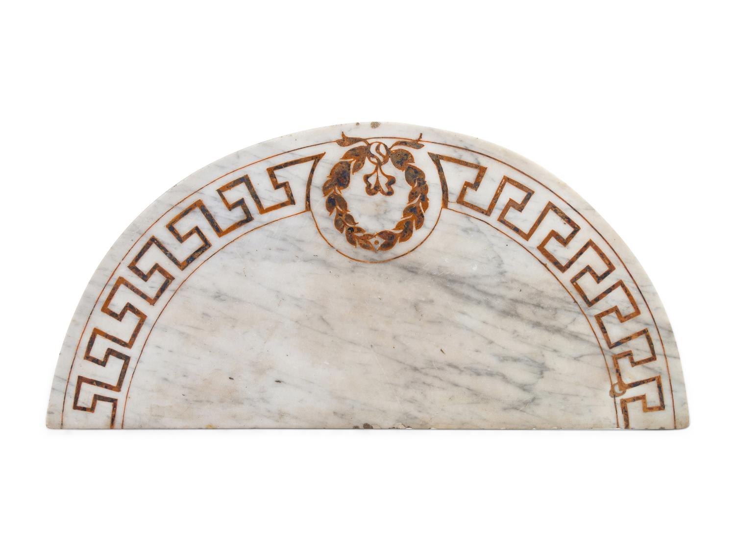 A Pair of Neoclassical Parcel-Gilt Mahogany Marble-Top Demilune Tables