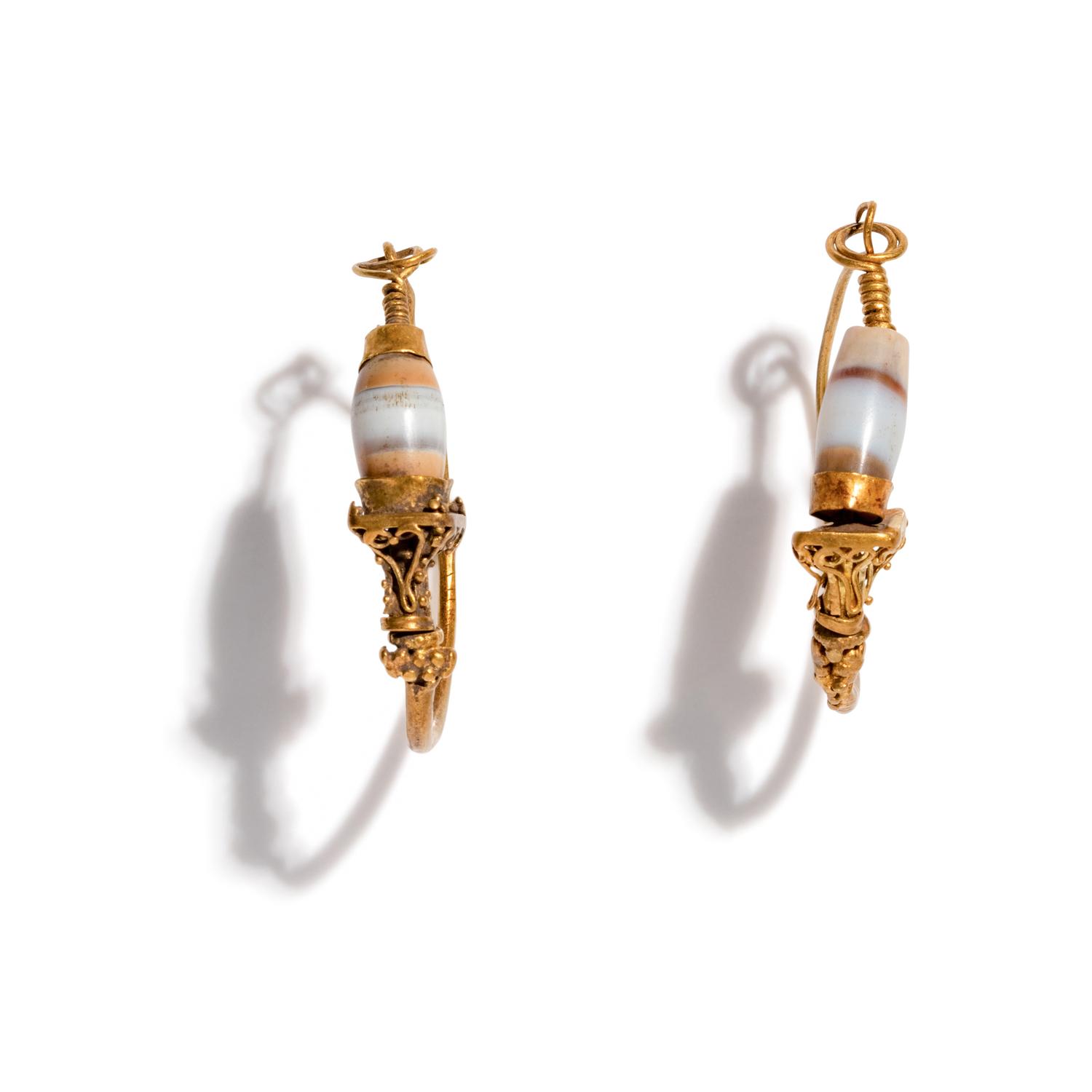 A Pair of Roman Agate and Gold Hoop Earrings