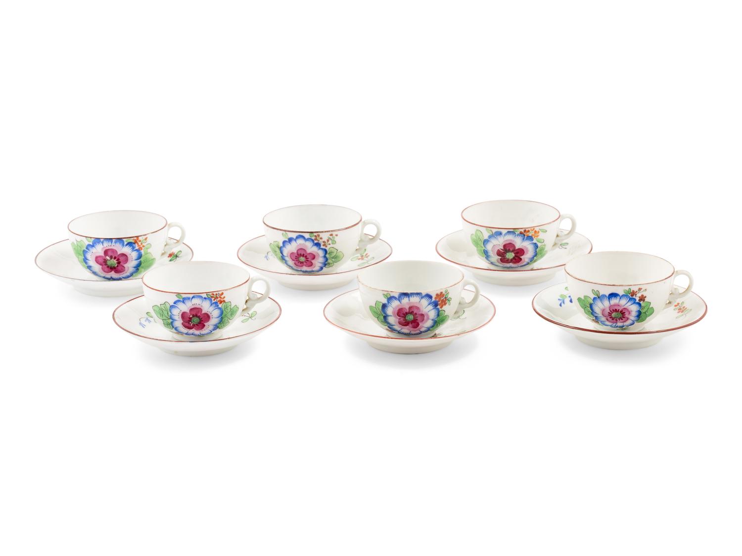 A Set of Six Gardner Porcelain Teacups and Saucers