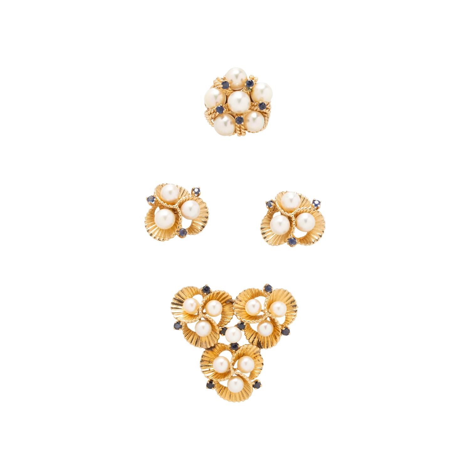 YELLOW GOLD, SAPPHIRE, AND CULTURED PEARL SET