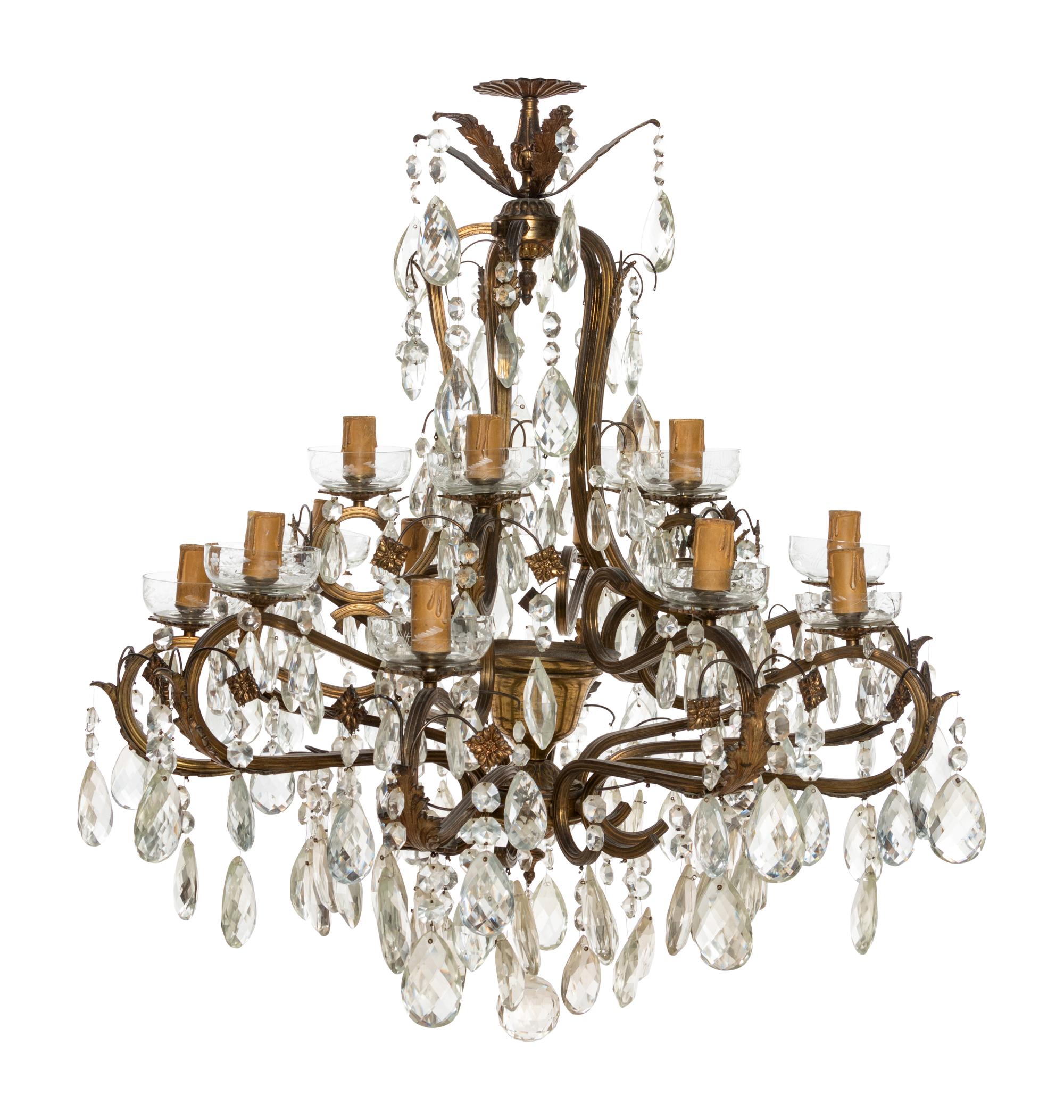 A Czech Bronze and Cut Glass Fifteen-Light Chandelier
