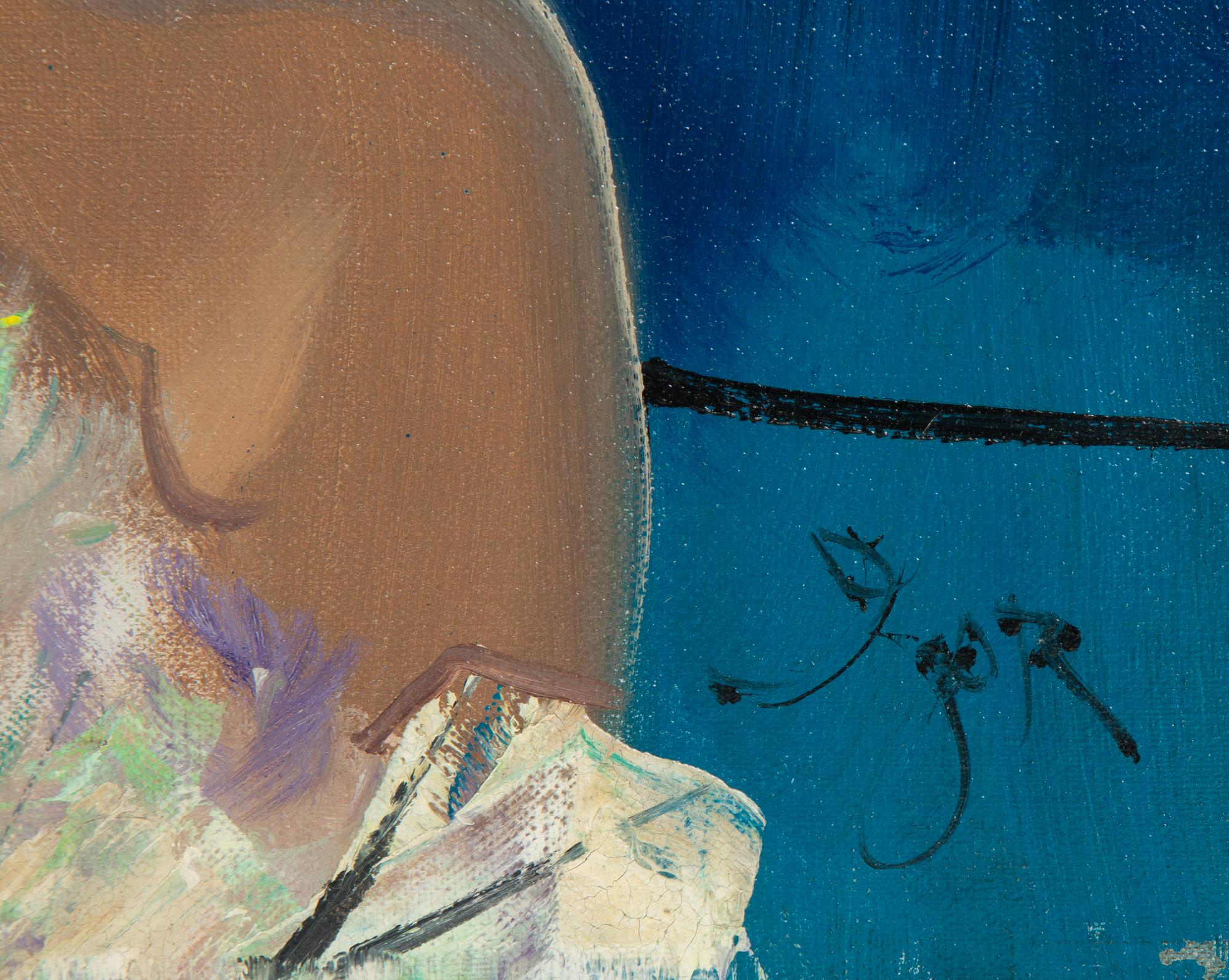 Brunette Girl on Deep Blue Ground