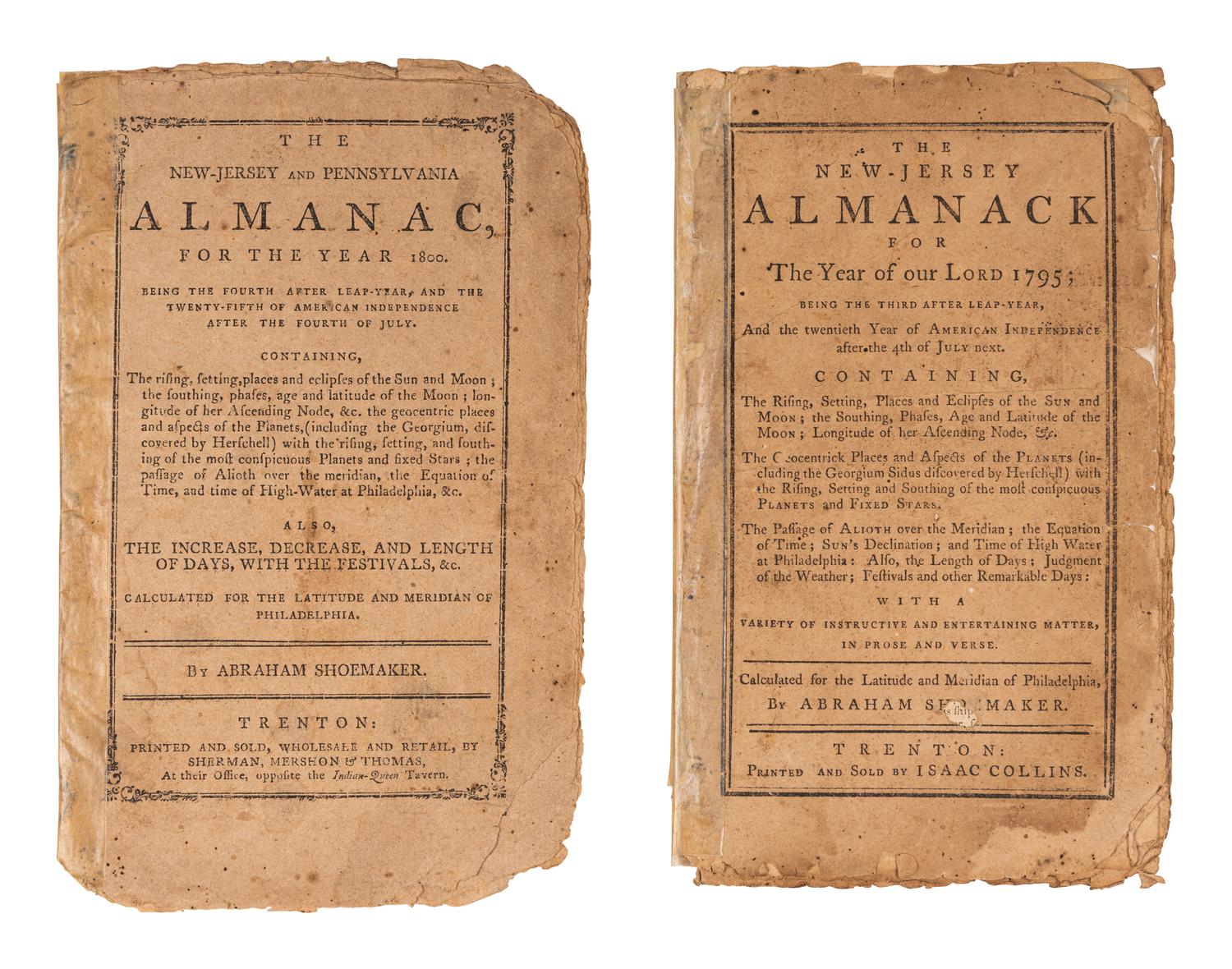 [ALMANACS - TRENTON]. SHOEMAKER, Abraham (1753-1818). The New-Jersey and Pennsylvania Almanac, for the Year 1795 . Trenton: Printed and sold by Isaac Collins, [1794].