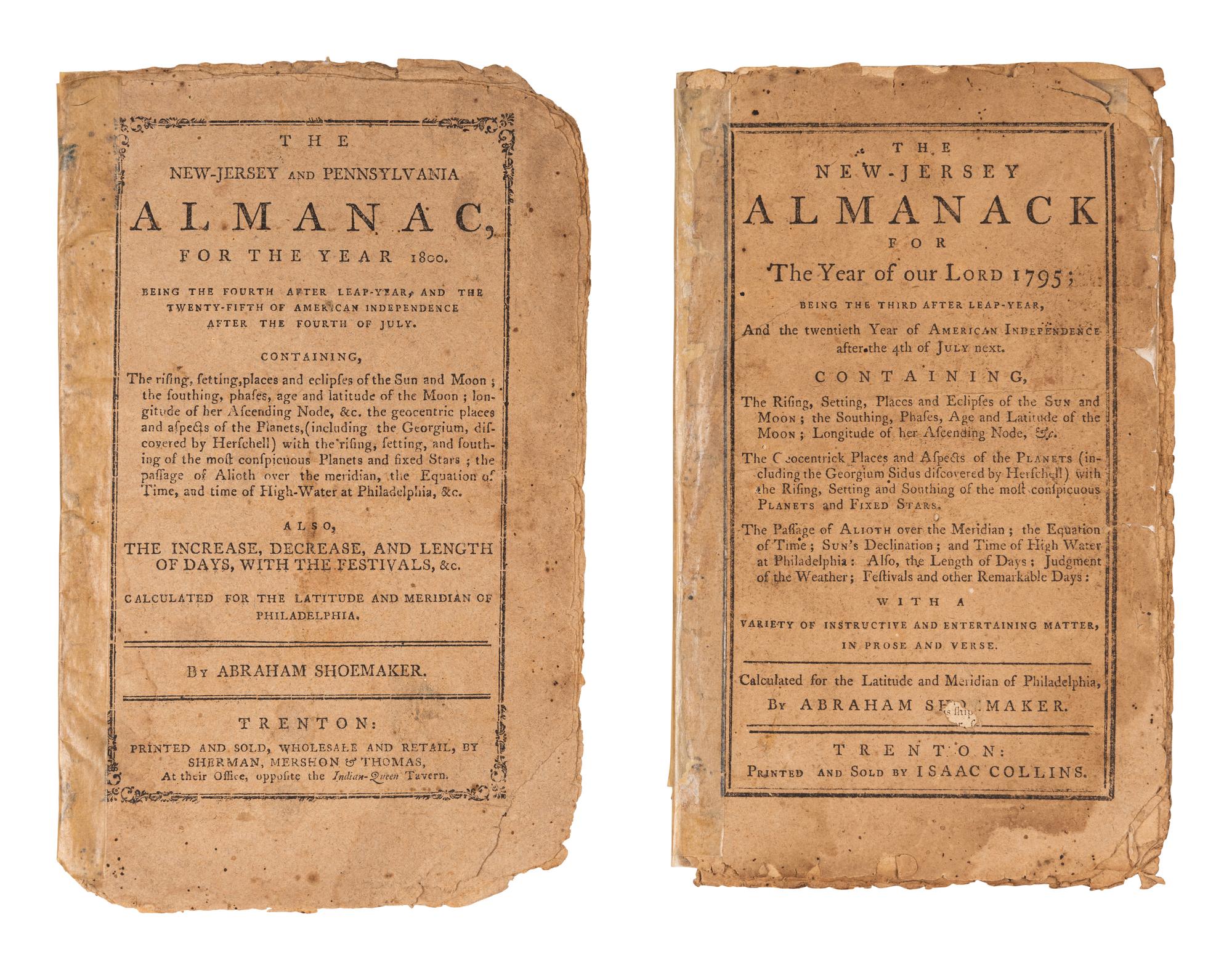 [ALMANACS - TRENTON]. SHOEMAKER, Abraham (1753-1818). The New-Jersey and Pennsylvania Almanac, for the Year 1795 . Trenton: Printed and sold by Isaac Collins, [1794].
