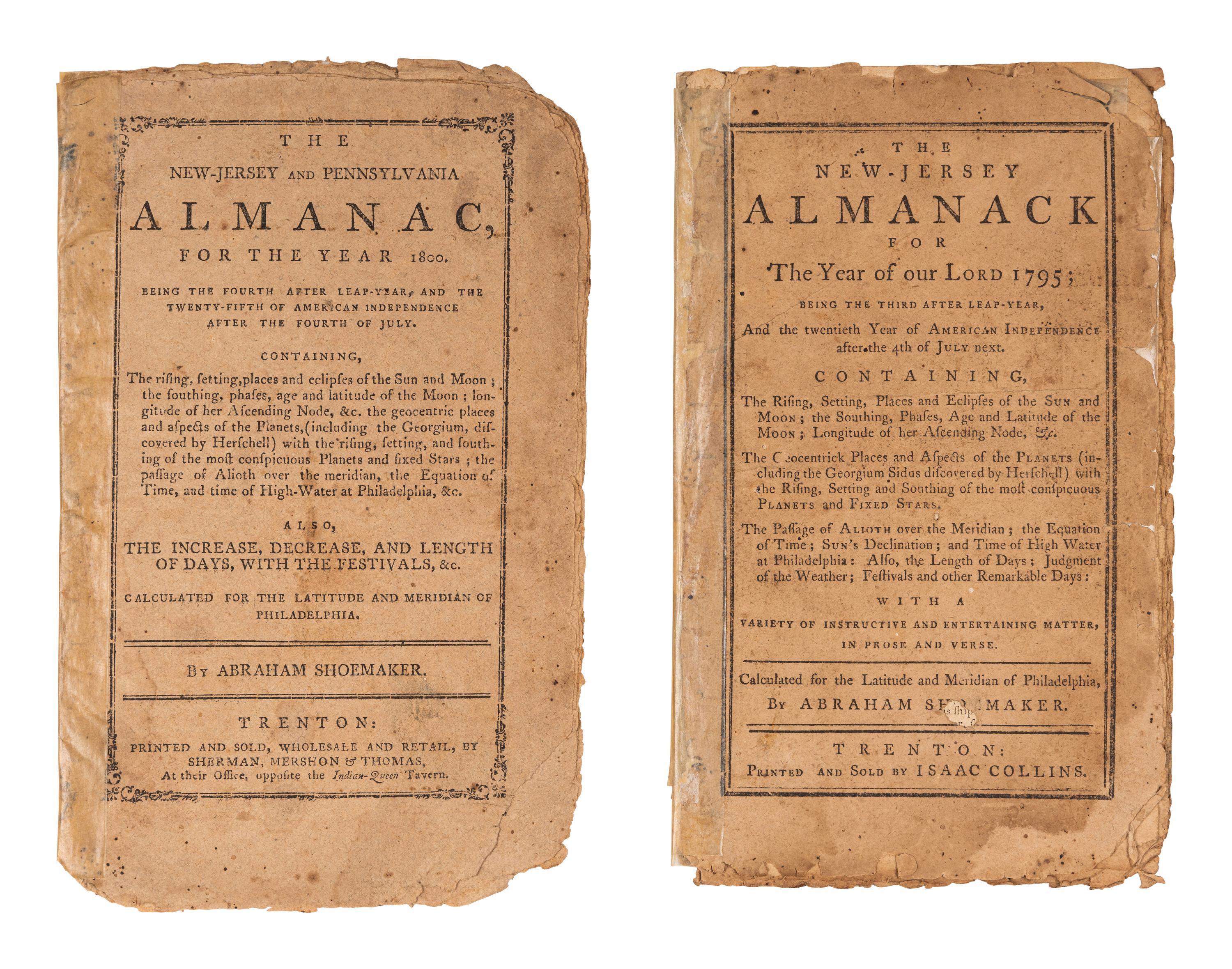 [ALMANACS - TRENTON]. SHOEMAKER, Abraham (1753-1818). The New-Jersey and Pennsylvania Almanac, for the Year 1795 . Trenton: Printed and sold by Isaac Collins, [1794].