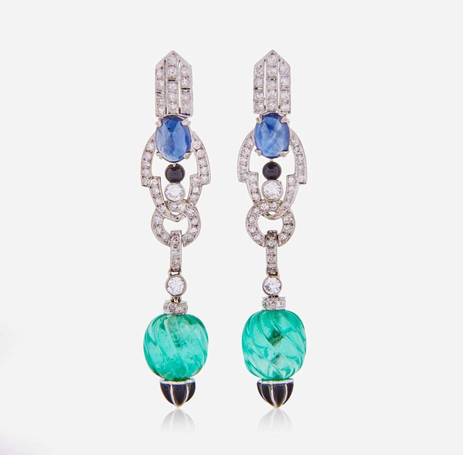 Art Deco Black Onyx, Emerald, Sapphire, and Diamond Earrings