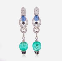 Art Deco Black Onyx, Emerald, Sapphire, and Diamond Earrings