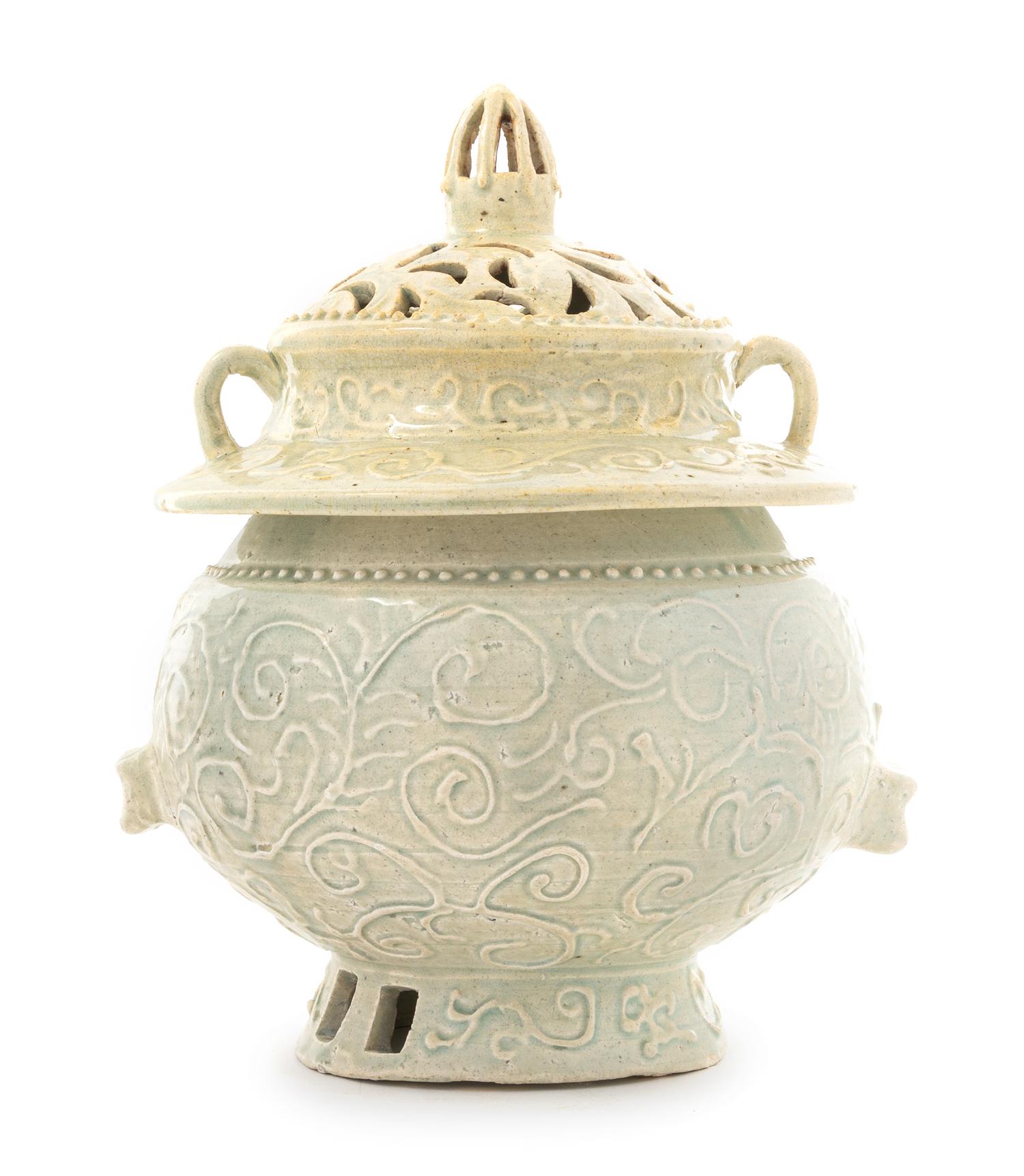 A Korean Celadon Glazed Stoneware Censer Height 9 1/2 inches.