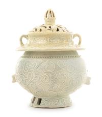 A Korean Celadon Glazed Stoneware Censer Height 9 1/2 inches.