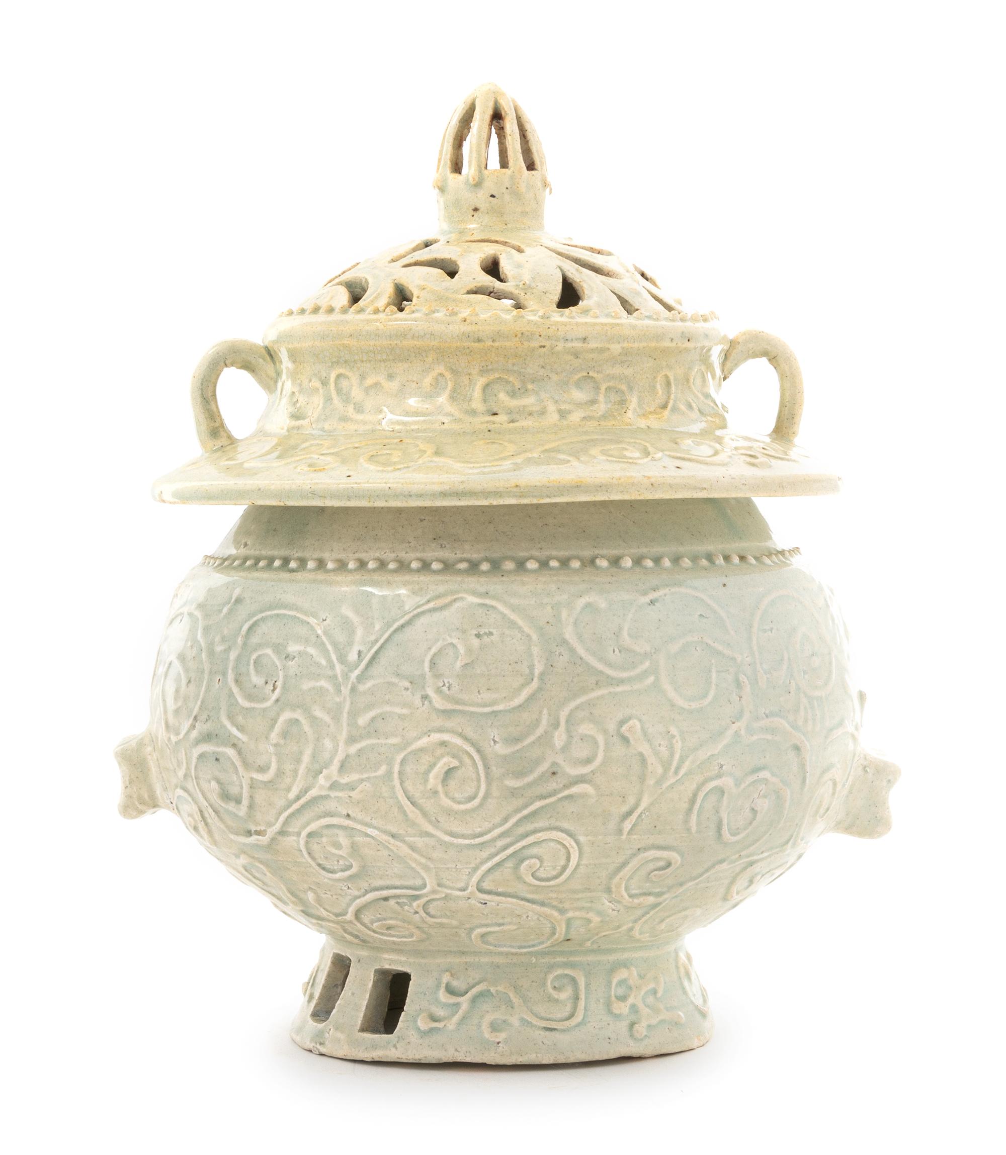 A Korean Celadon Glazed Stoneware Censer Height 9 1/2 inches.