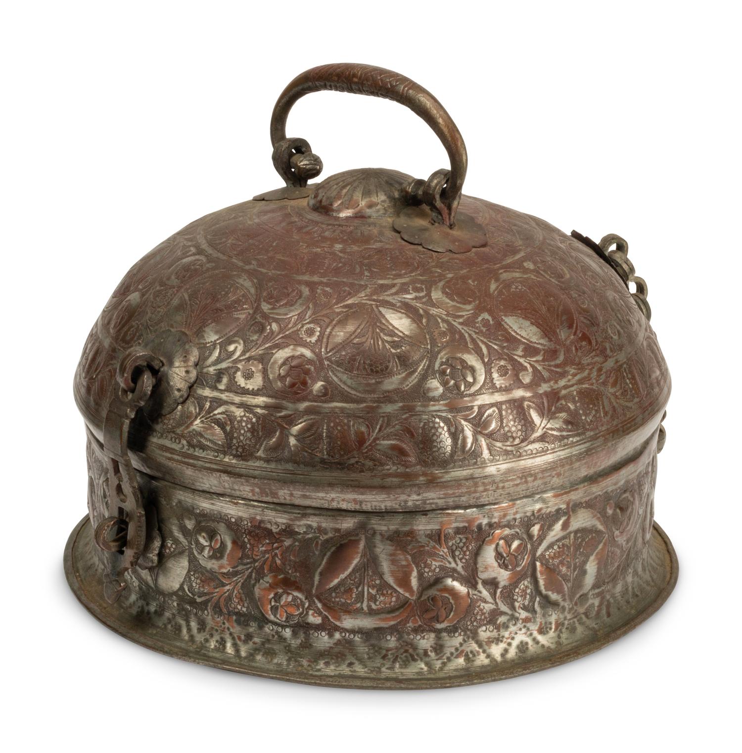 An Indian Silvered Metal Locking Container