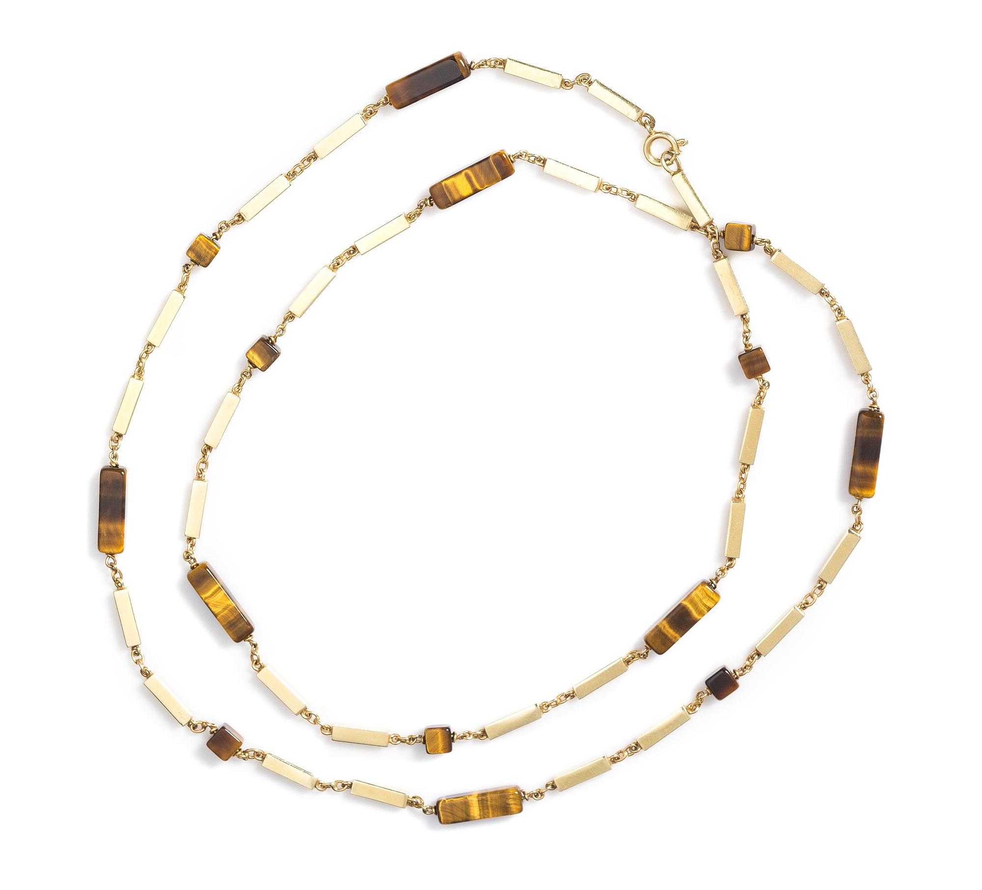 A 14 Karat Yellow Gold and Tiger's Eye Quartz Necklace, 18.20 dwts.