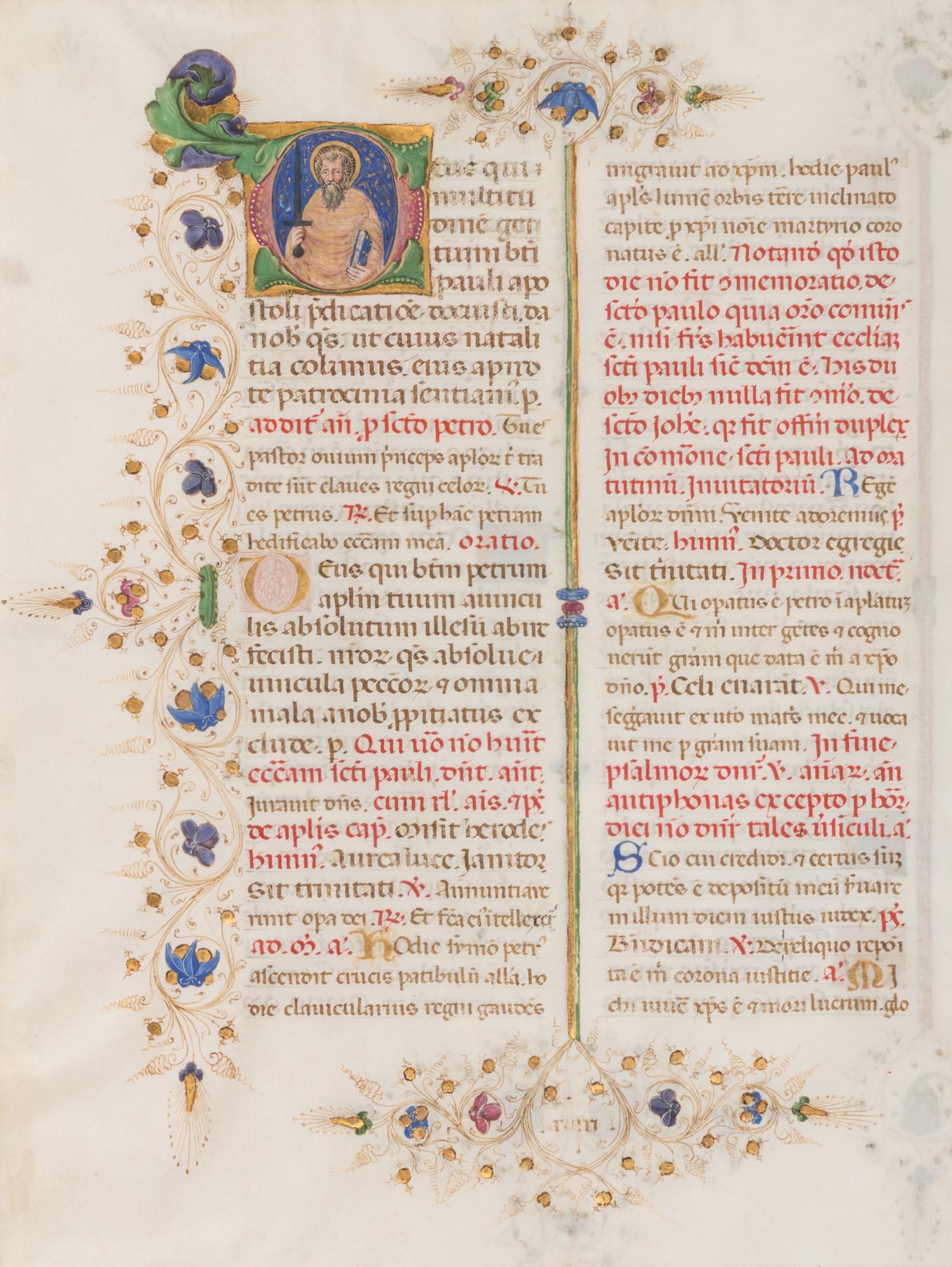 GIORGIO D’ALEMAGNA AND CIRCLE (documented Ferrara, 1441-1462) A leaf from the Breviary of Lionello d’Este, with a historiated initial ‘D’ of St. Paul, in Latin, illuminated manuscript on parchment [Italy, Ferrara, c. 1441-1448]