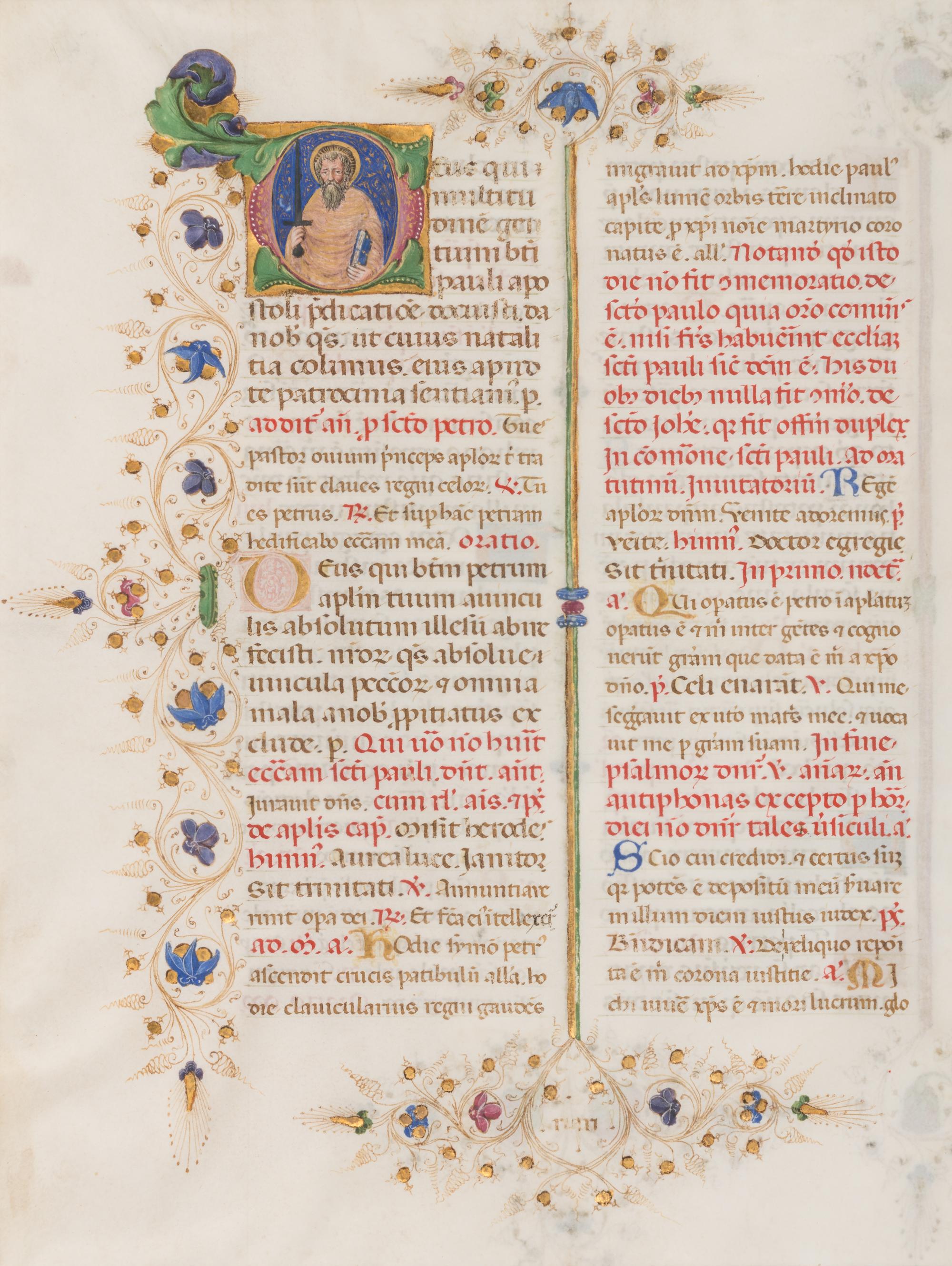 GIORGIO D’ALEMAGNA AND CIRCLE (documented Ferrara, 1441-1462) A leaf from the Breviary of Lionello d’Este, with a historiated initial ‘D’ of St. Paul, in Latin, illuminated manuscript on parchment [Italy, Ferrara, c. 1441-1448]