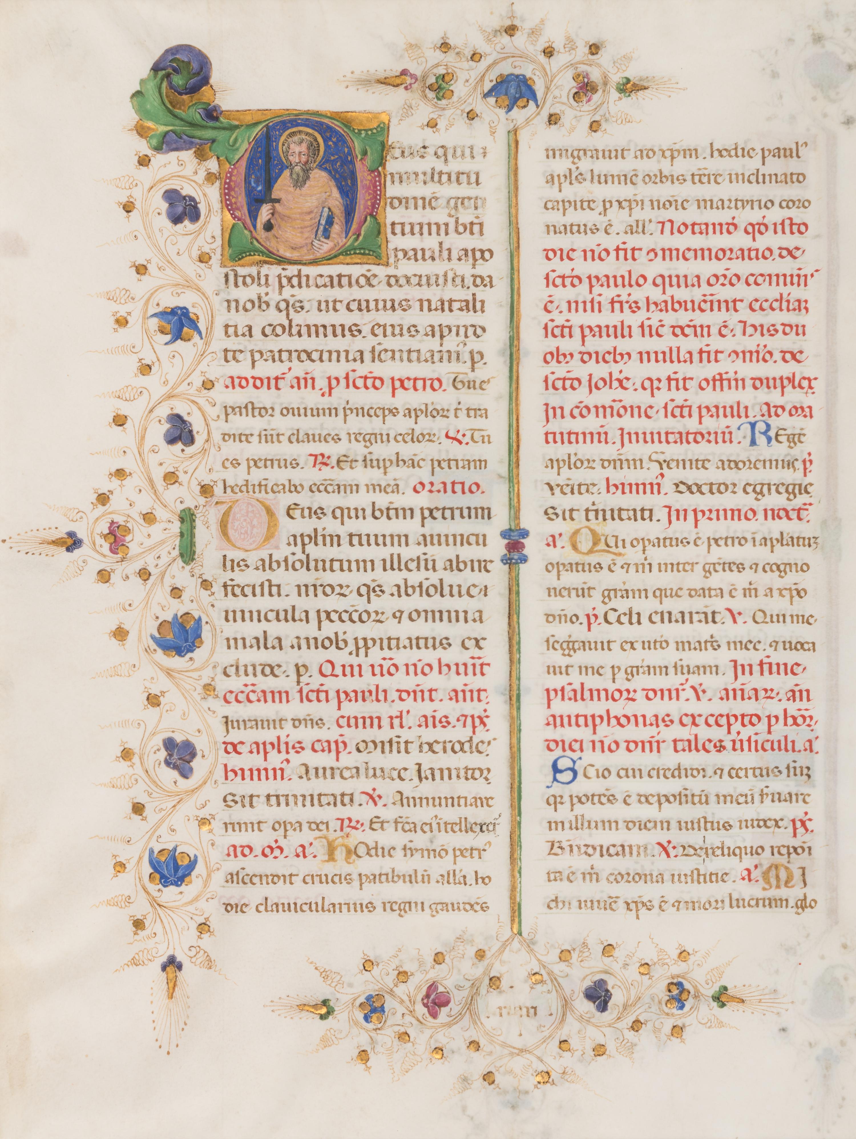 GIORGIO D’ALEMAGNA AND CIRCLE (documented Ferrara, 1441-1462) A leaf from the Breviary of Lionello d’Este, with a historiated initial ‘D’ of St. Paul, in Latin, illuminated manuscript on parchment [Italy, Ferrara, c. 1441-1448]